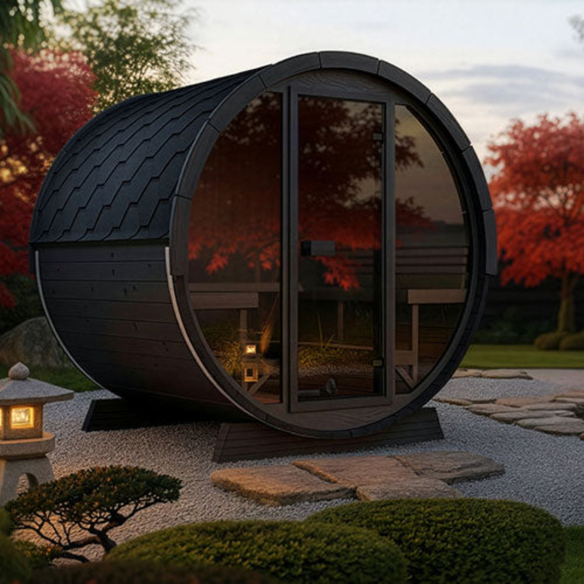 SaunaLife Ergo Elegance-Series Model EE8GB Outdoor Barrel Sauna, shown in a landscaped garden at dusk with red trees and a stone path.