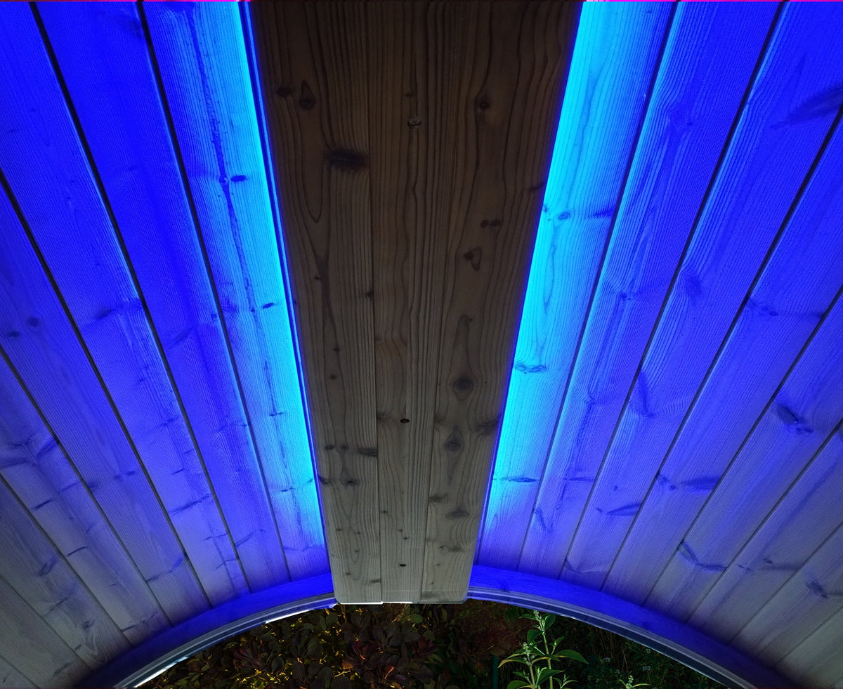 Wooden Sauna with blue LED lights on a wooden ceiling