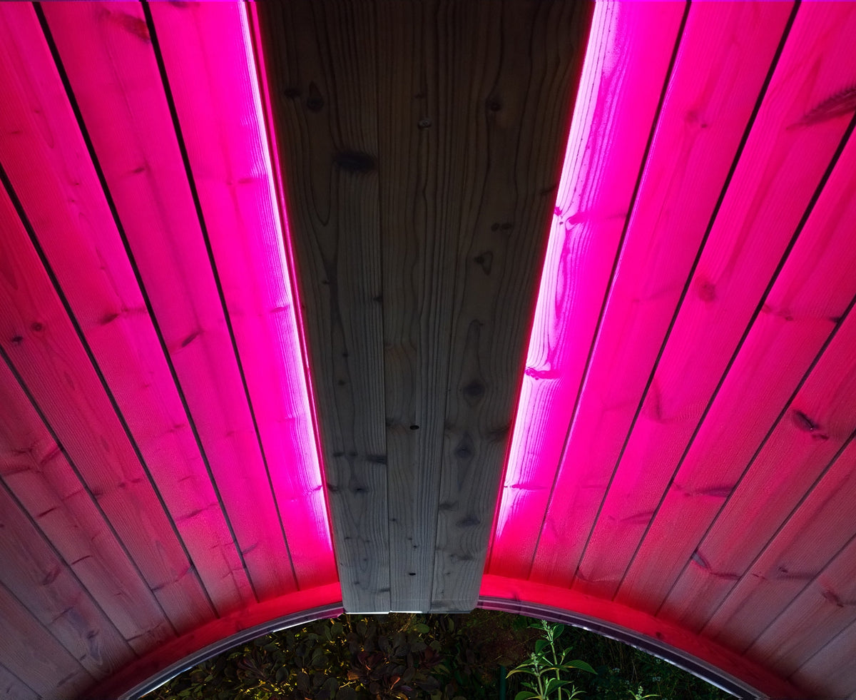 Wooden sauna with pink lighting on a dark background