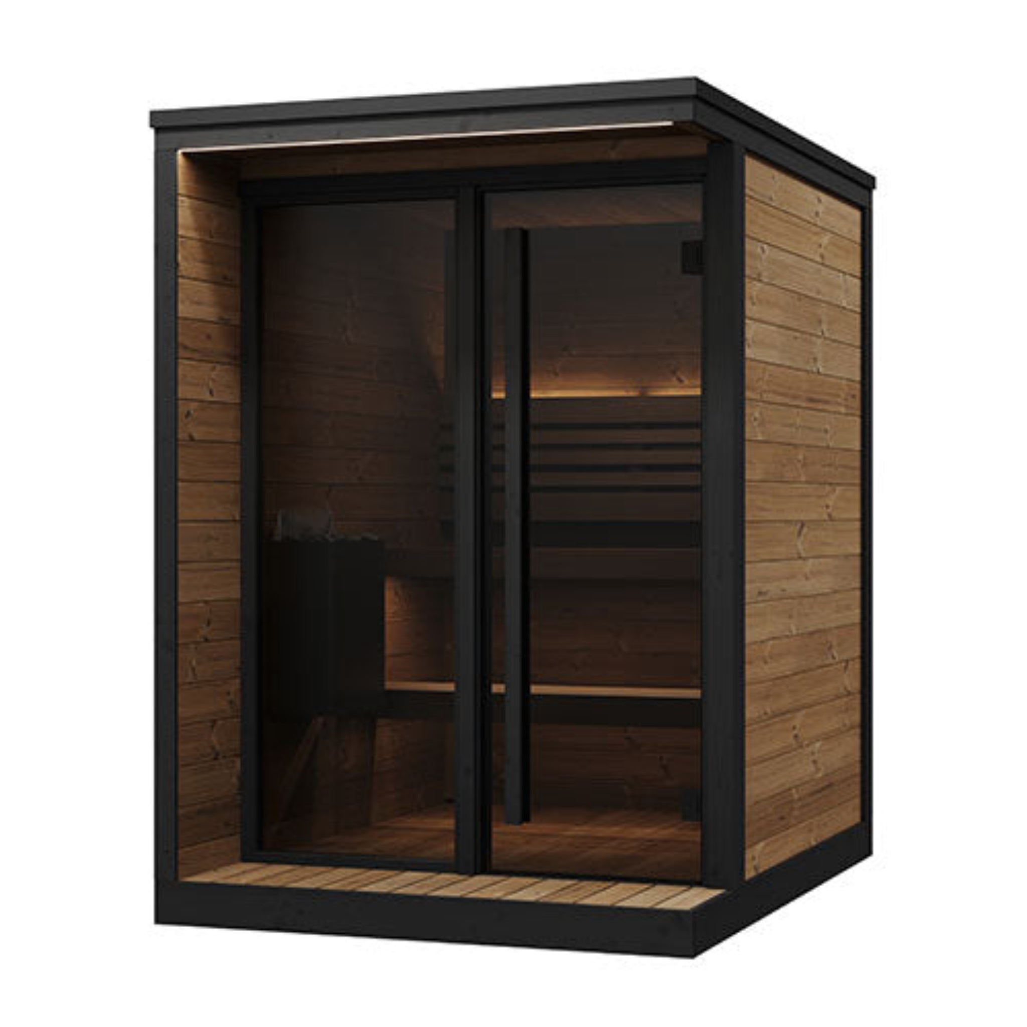 SaunaLife GL4 Outdoor Sauna Cabin Kit – exterior front view, Thermo-Spruce finish