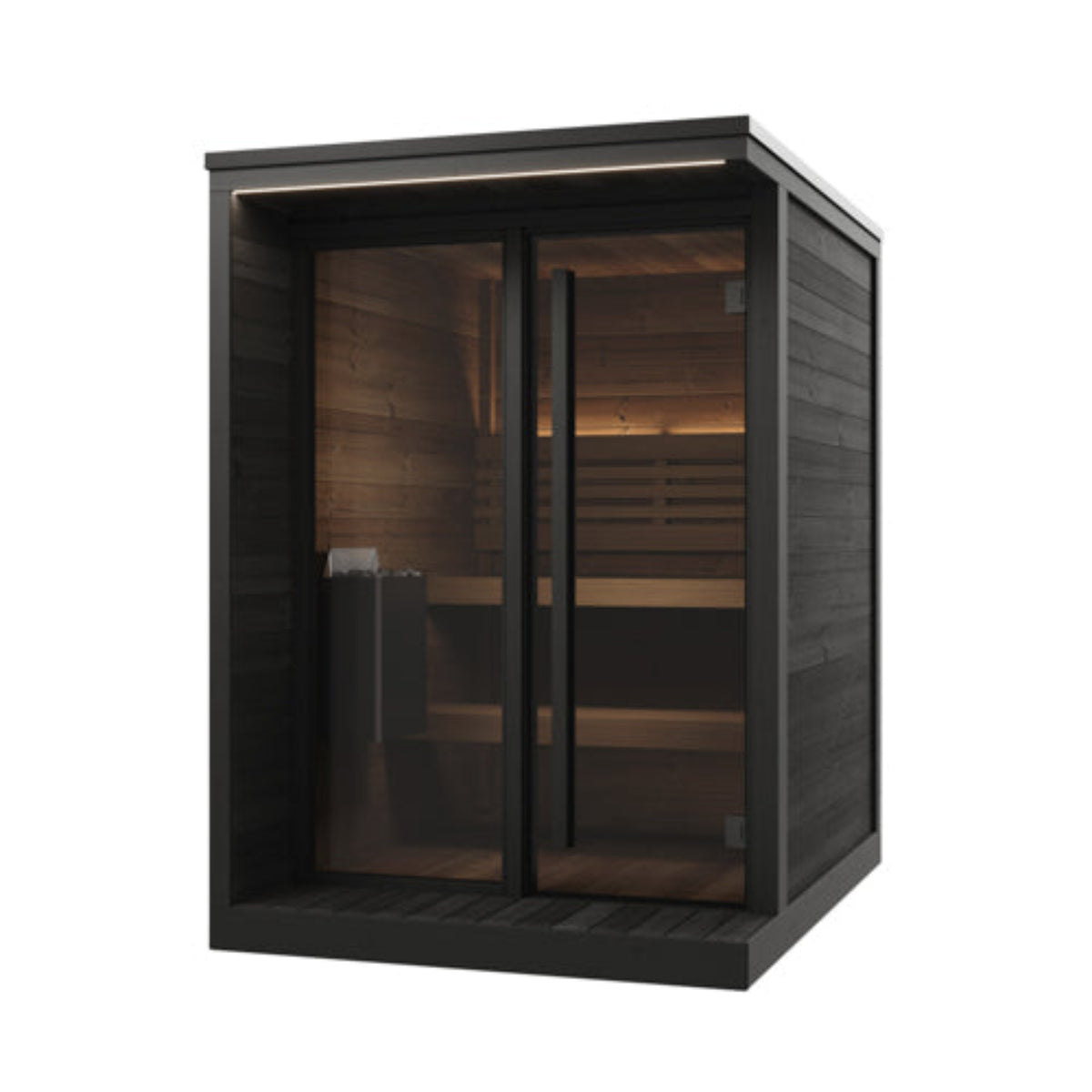 SaunaLife Garden Luxury-Series GL4B with a dark charcoal gray wood-look exterior, glass double doors, and a warm wood interior with built-in benches.