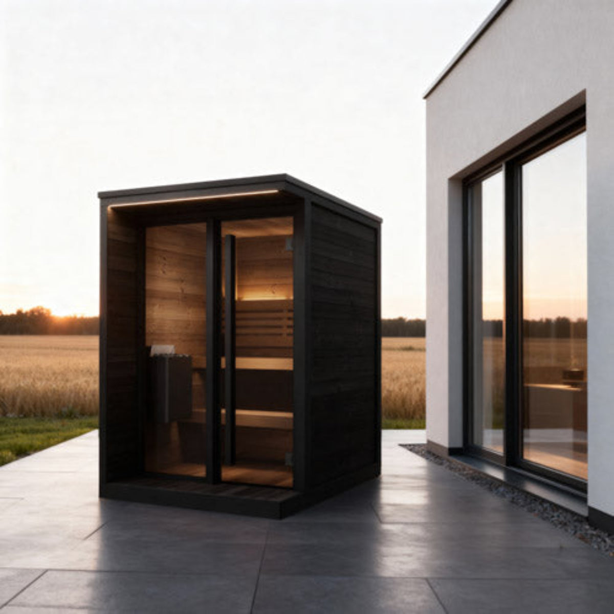 SaunaLife Garden Luxury-Series GL4B with a dark black exterior and warm wood interior, situated on a tiled patio next to a white building with large windows during sunset.