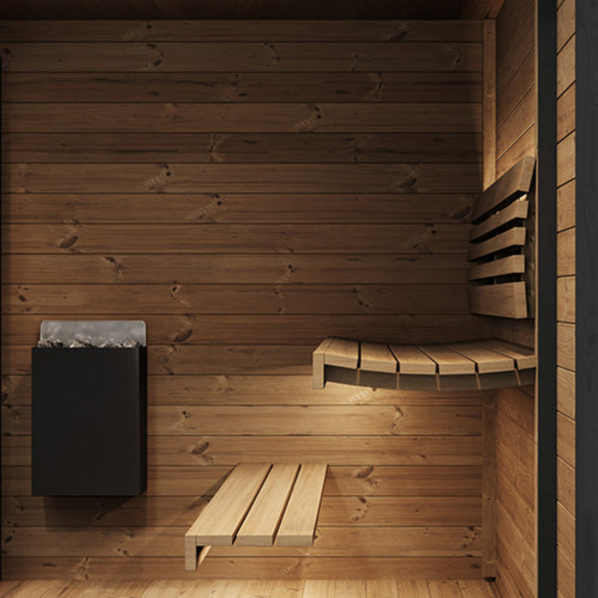 SaunaLife Garden Luxury-Series GL4B interior with benches and a heater.