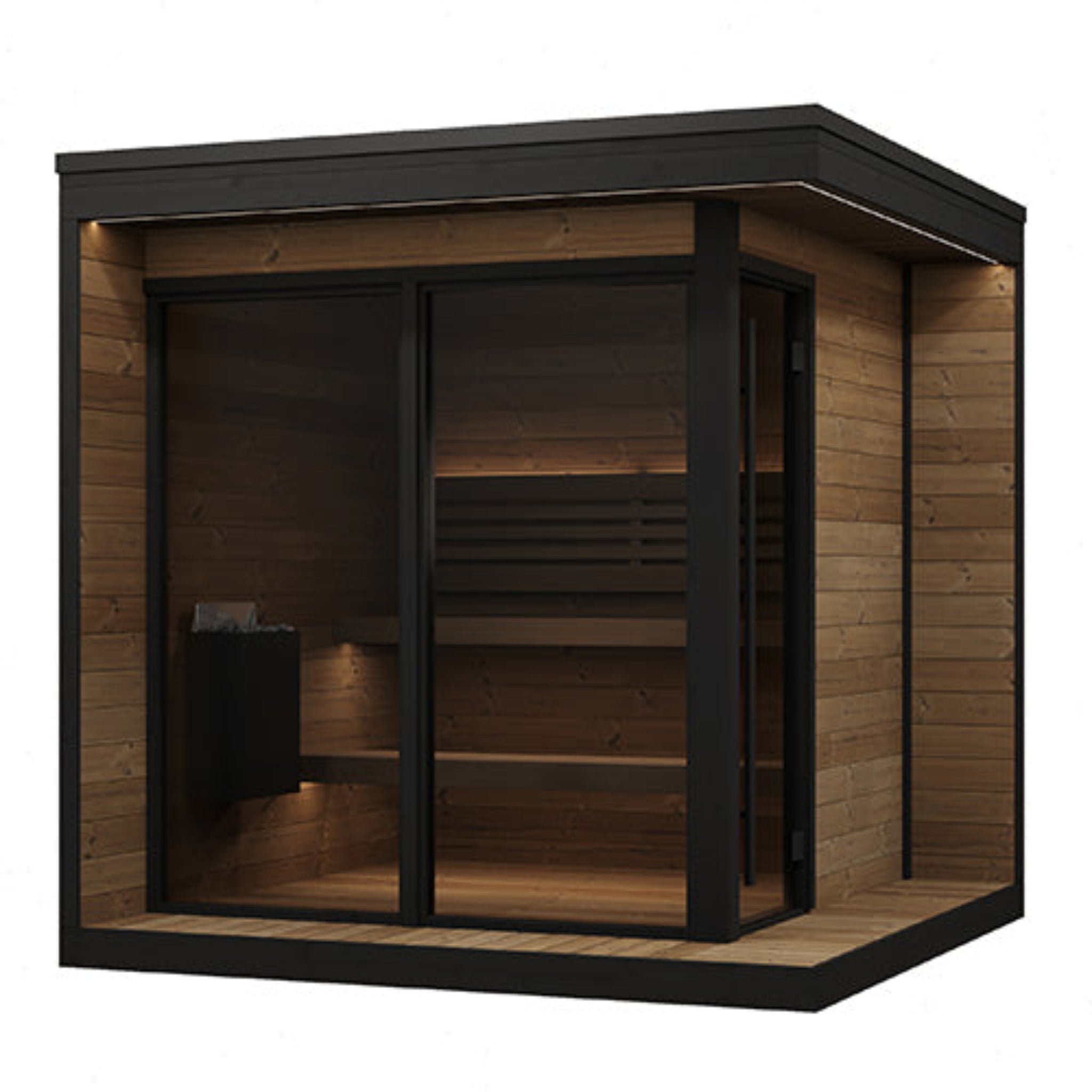 SaunaLife GL6 outdoor sauna cabin kit — front exterior view with tempered bronze glass and thermo-spruce construction