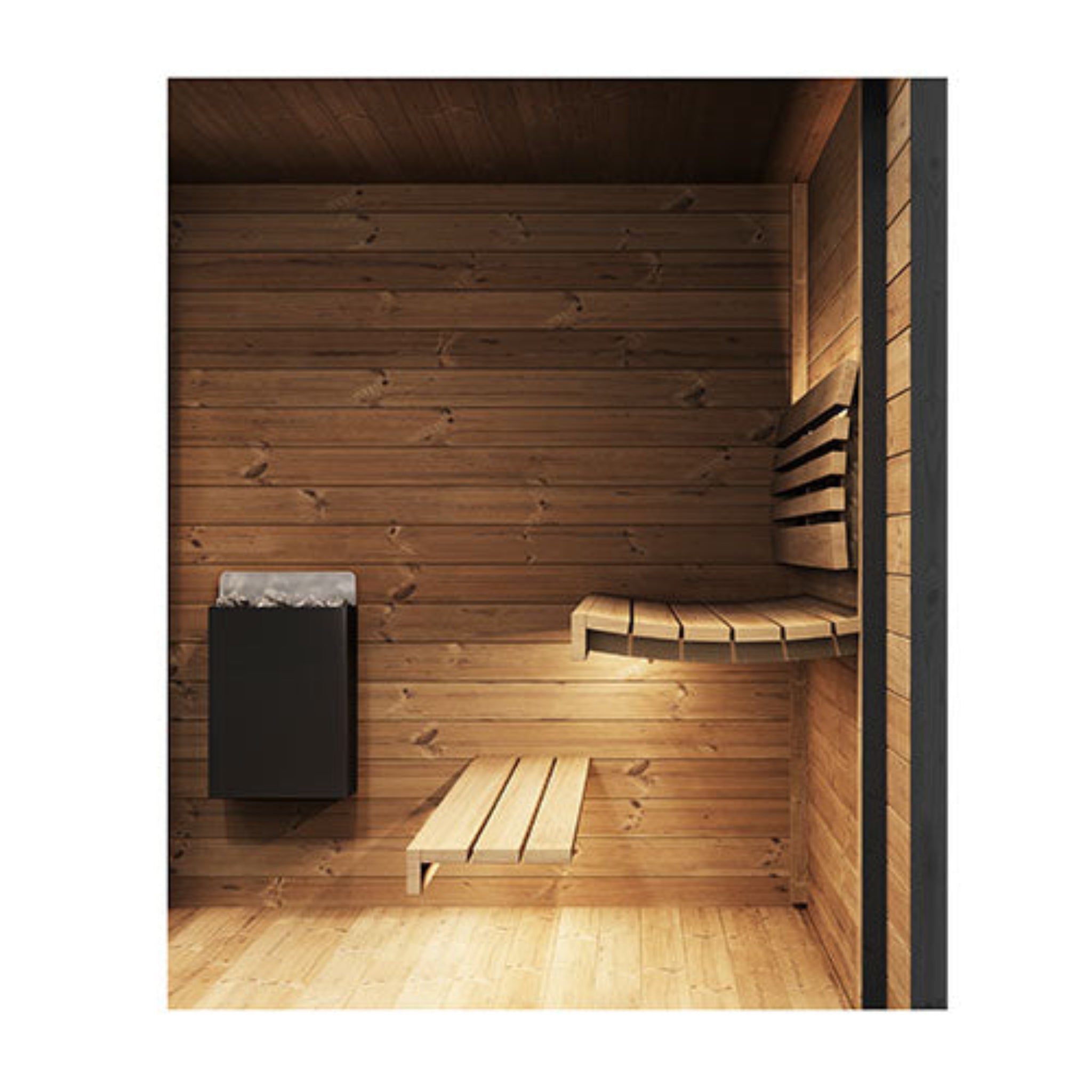 SaunaLife GL6 sauna interior — two-tier bench seating with satin-finished Nordic spruce