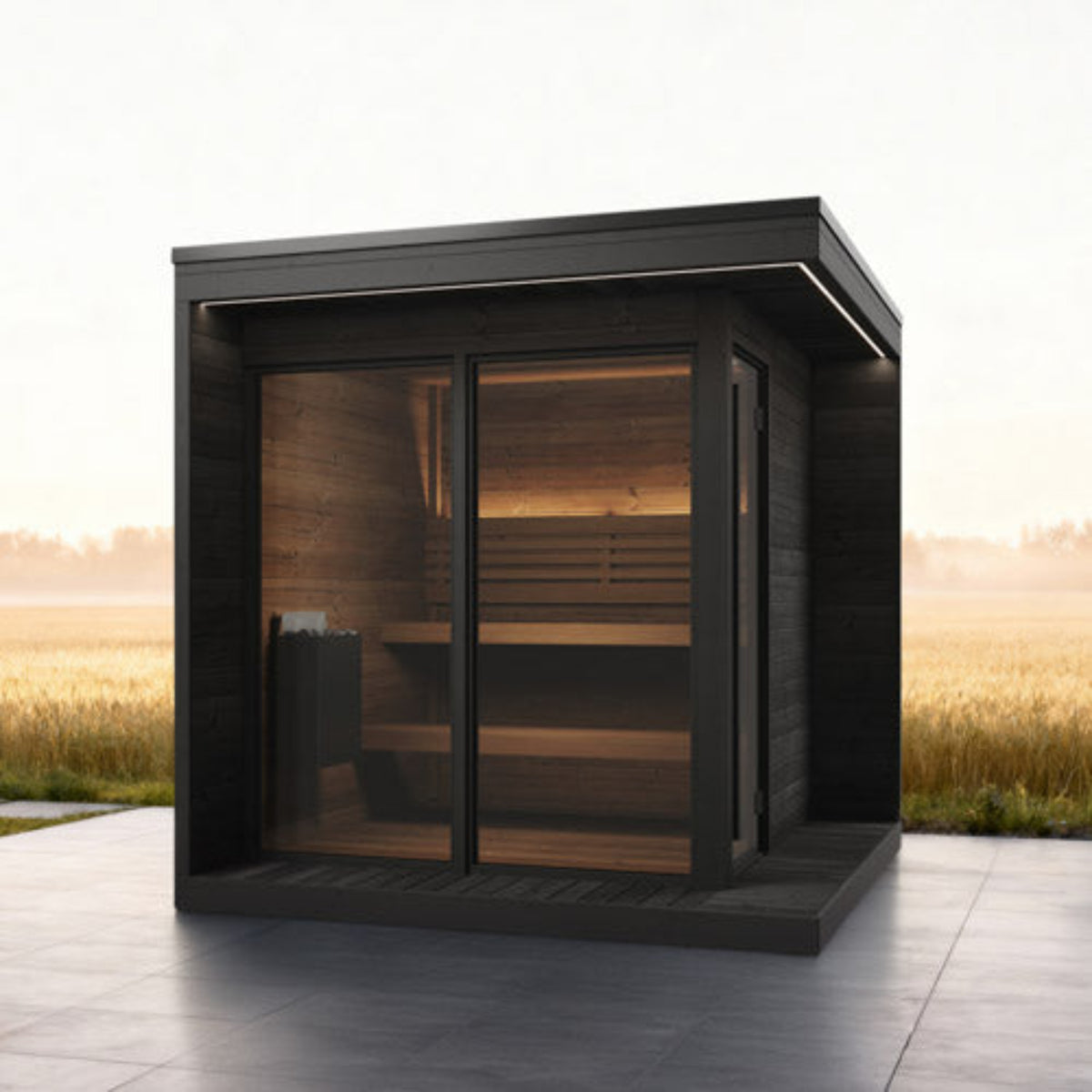 SaunaLife Garden Luxury-Series GL6B on a patio with a field in the background