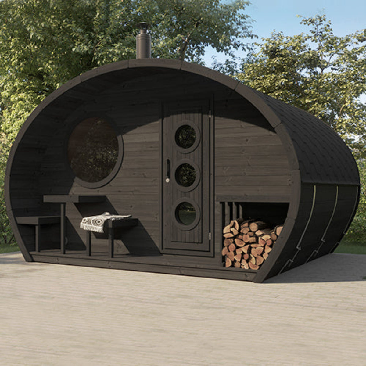 SaunaLife G11B outdoor garden sauna suite on a concrete patio with lush trees behind it