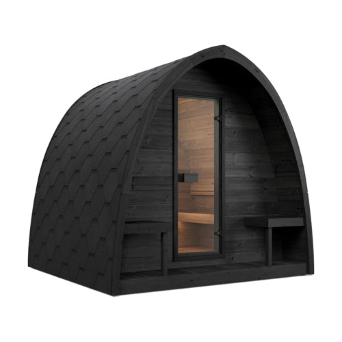 SaunaLife Garden-Series G3Bwith a dark charcoal-black exterior, a glass door, and warm wood interior visible through the window, shown on a plain white background.