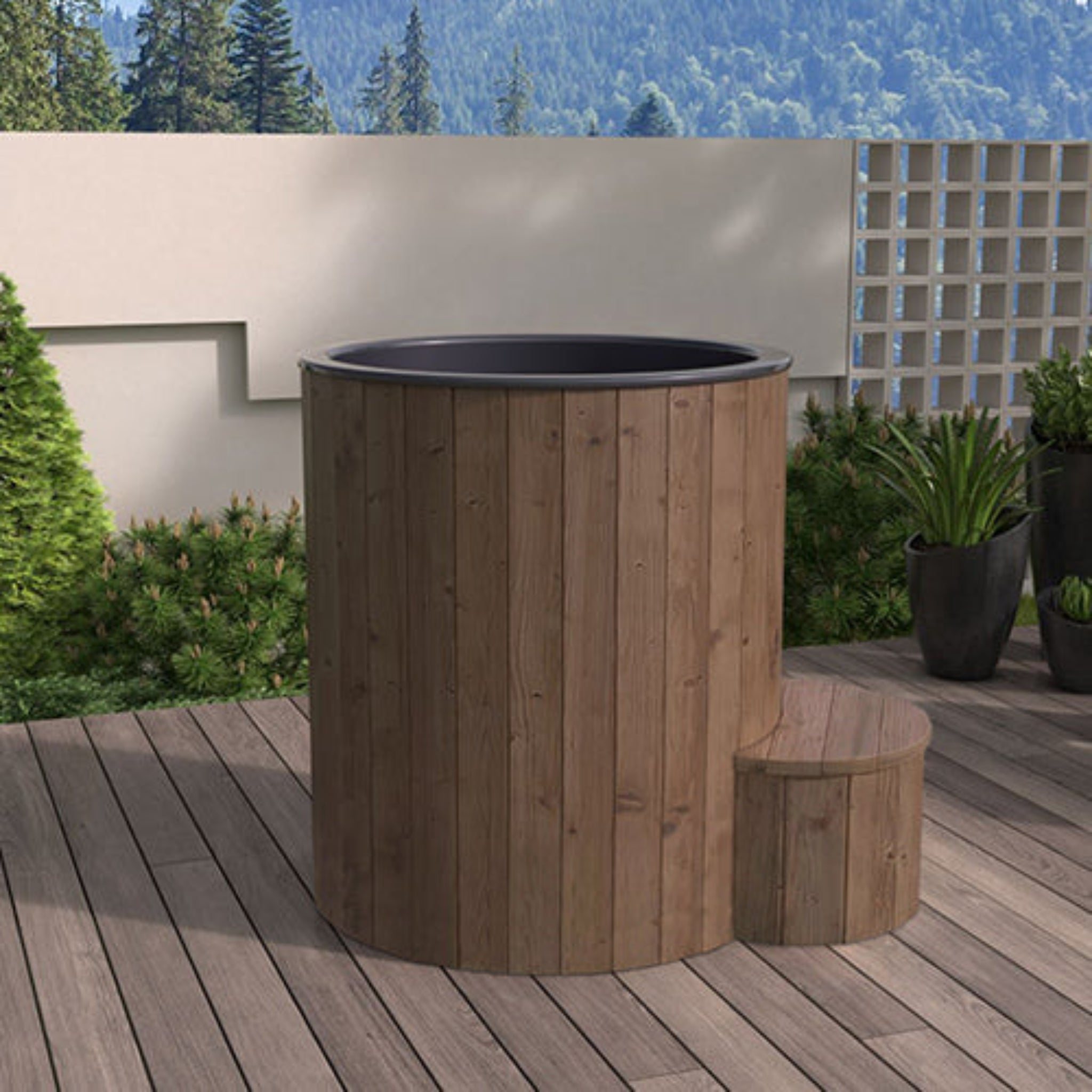 Saunalife Wooden immersion tub on a wooden deck with a scenic background