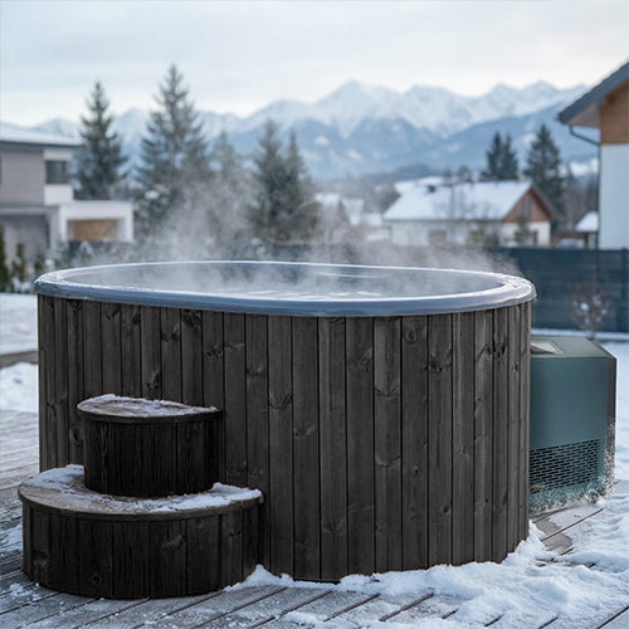 Outdoor hot and cold immersion tub surrounded by snow and mountains, steam rising from the water.
