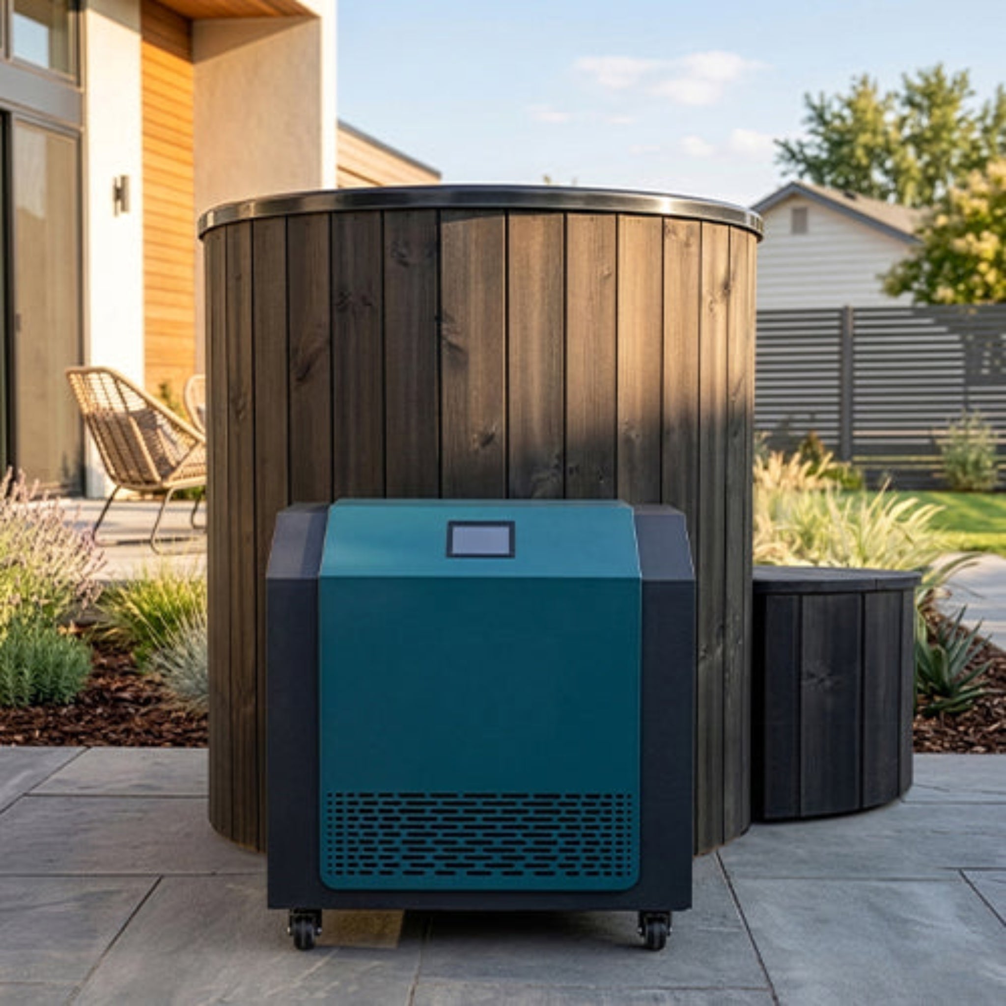  Saunalife immersion tub with chiller/heater unit view in a backyard setting