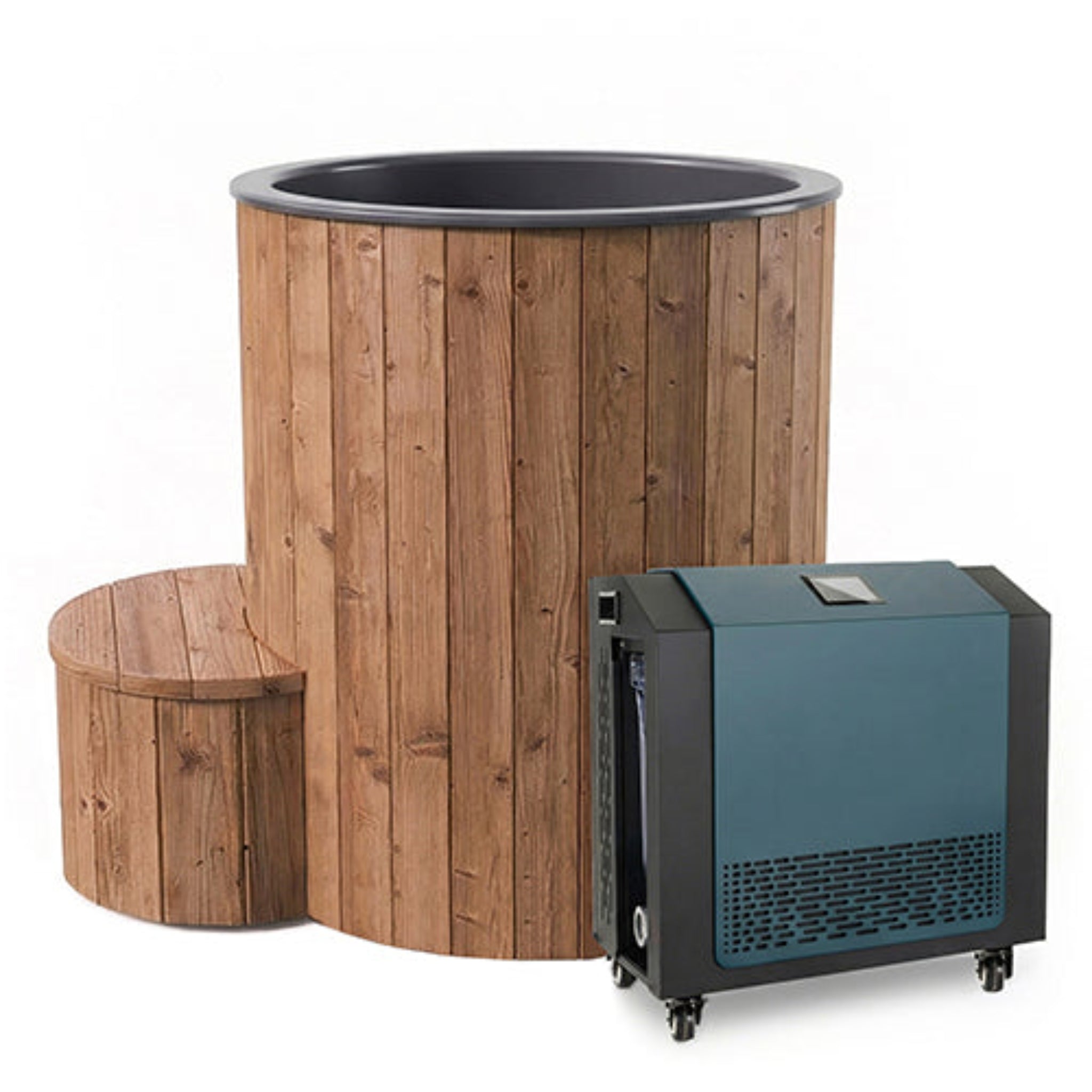 Natural Saunalife immersion tub with chiller/heater unit on a white background