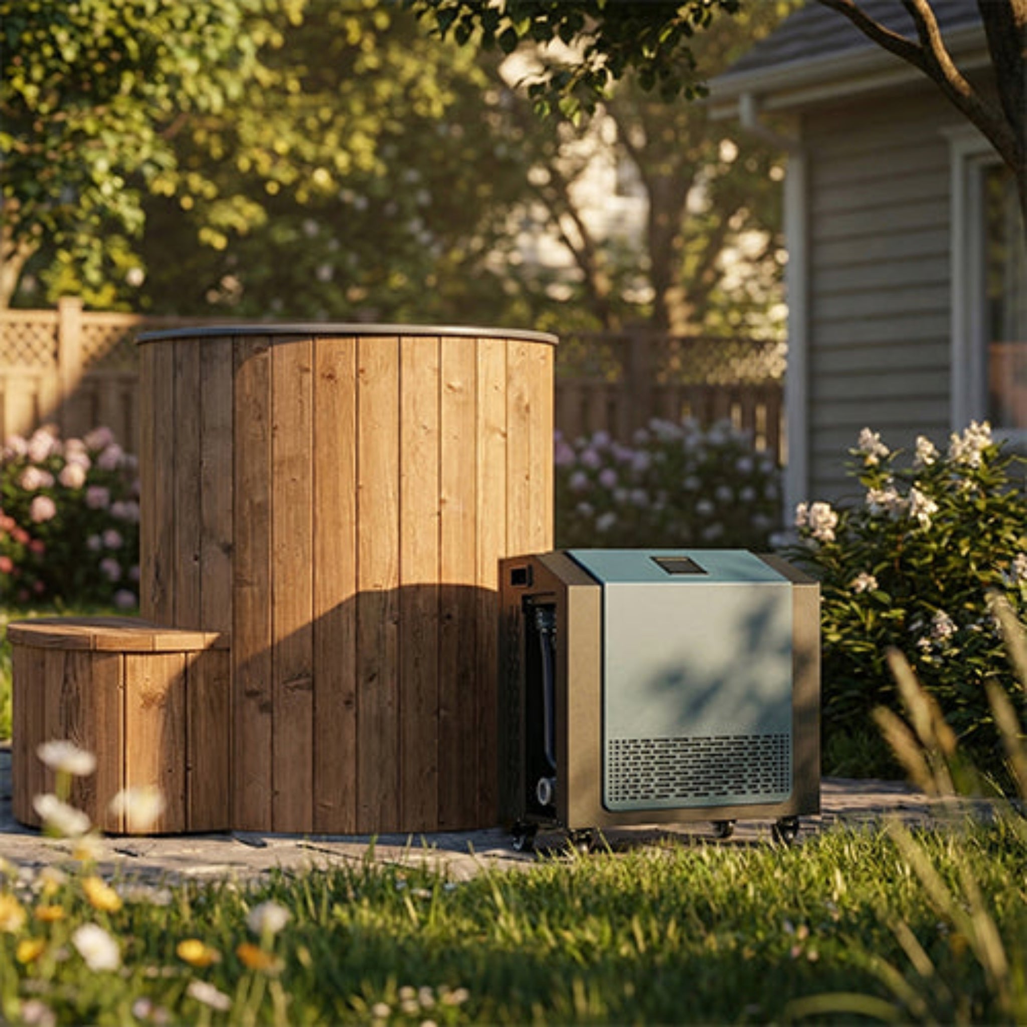 Natural Saunalife immersion tub with chiller/heater unit in a backyard setting