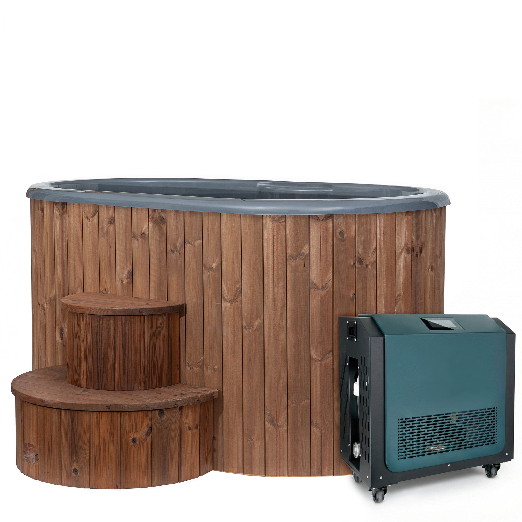 SaunaLife Model S2NC hot and cold immersion tub with heater/chiller, natural wooden design, and steps.