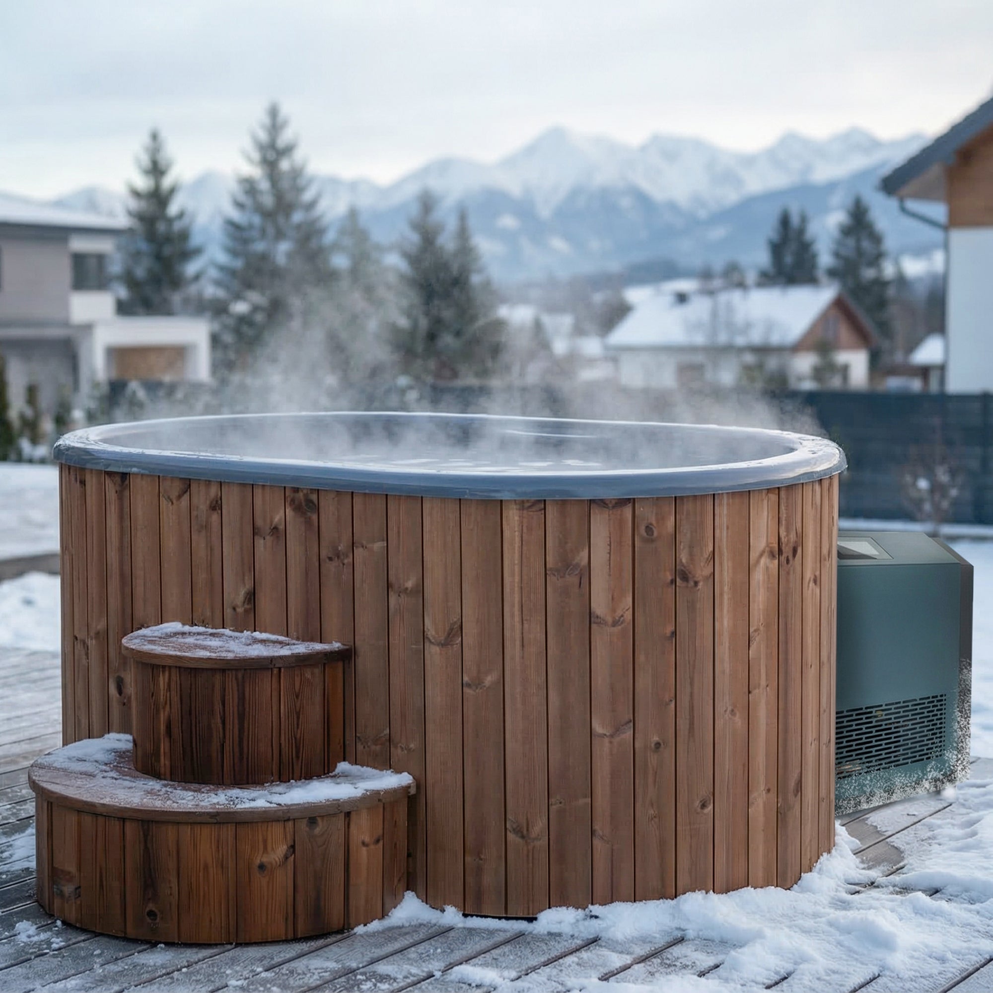 SaunaLife Model S2NC Package hot and cold immersion tub in a snowy outdoor setting with mountains in the background.