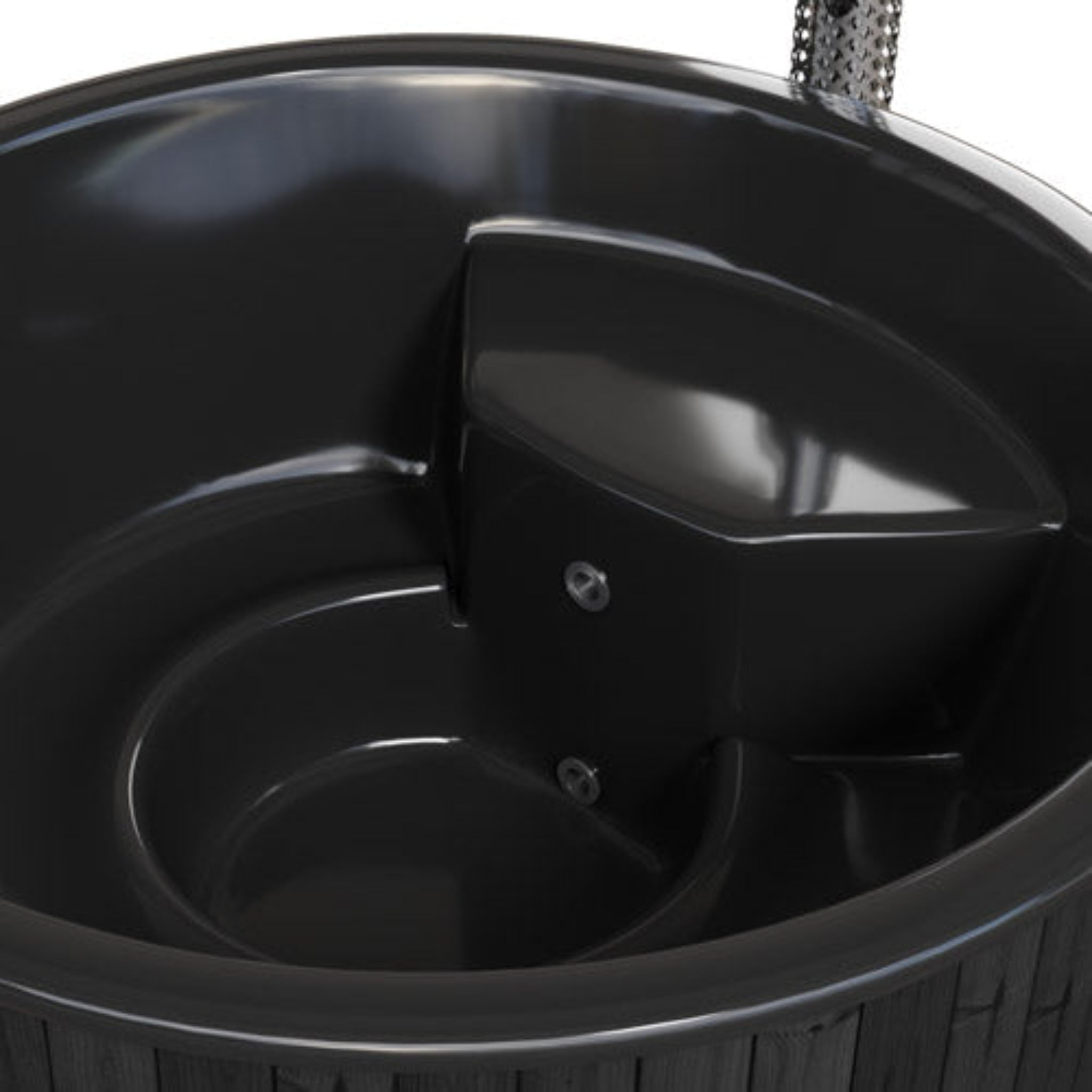 Close-up of the interior of Saunalife S6N  wood burining hot tub in black.