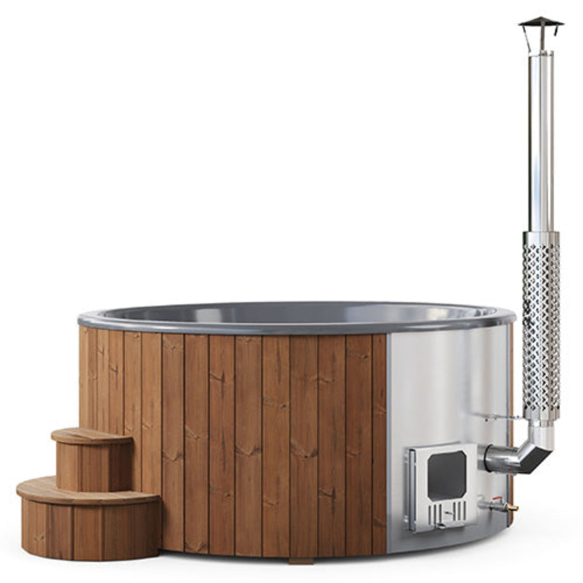 outdoor wood hot tub with wooden accents and a metal chimney, perfect for relaxing and enjoying nature.