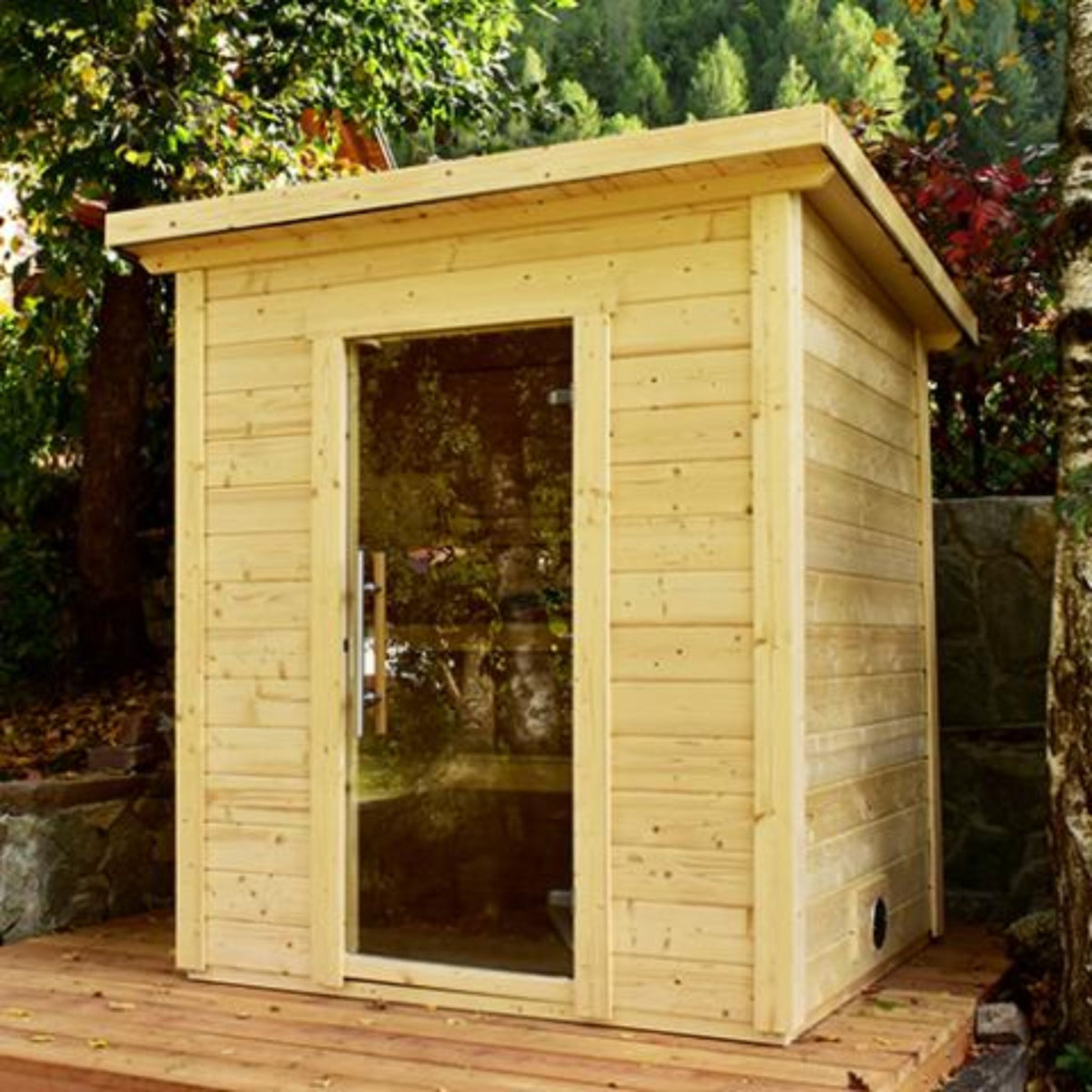 SaunaLife Model G2 outdoor sauna kit  front lifestyle view