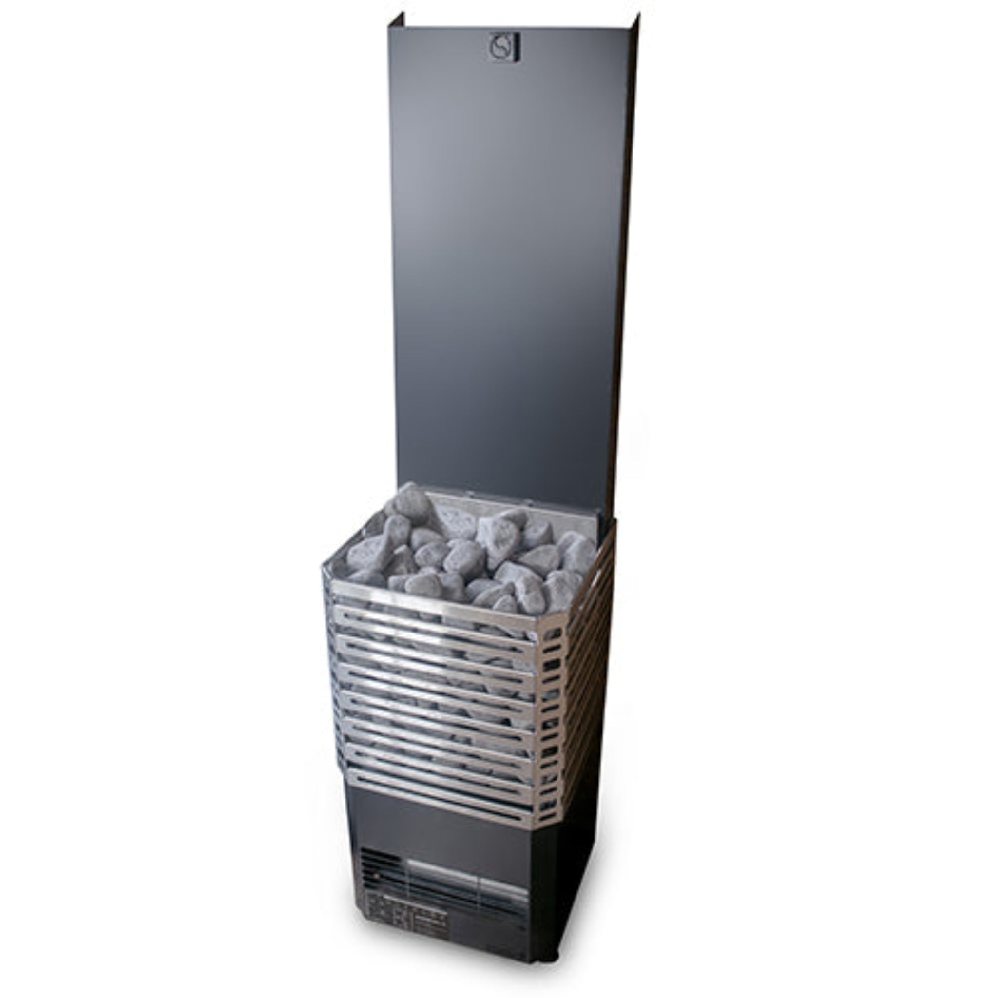 Saunum Air L sauna heater with stones inside on a white background