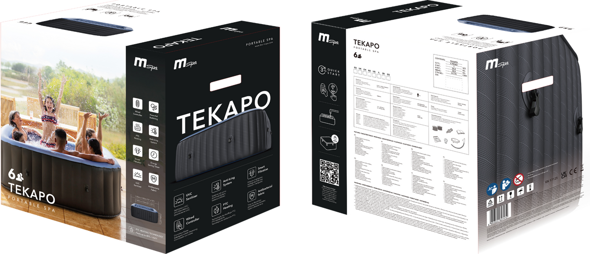 Two boxes of Tekapo hot tubs with branding and product details.