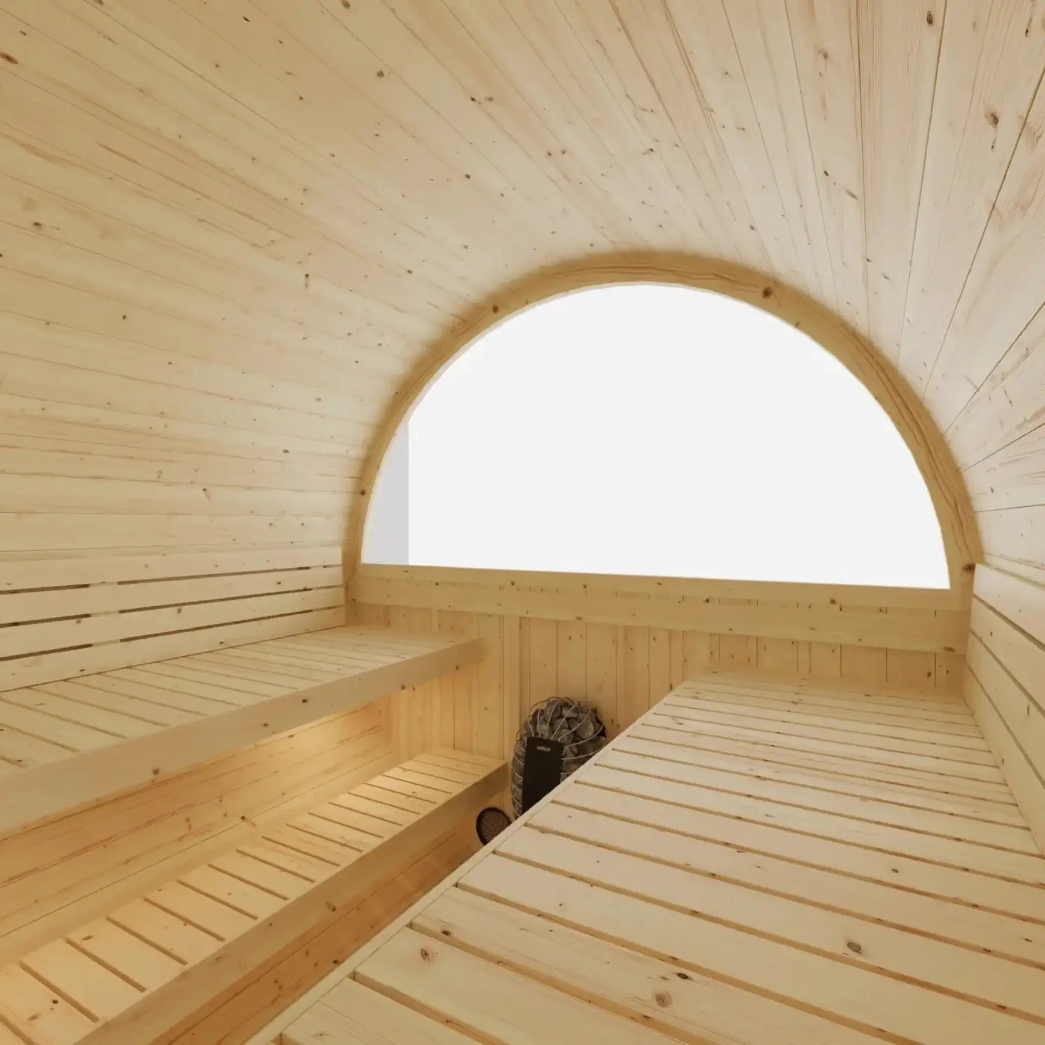 Tampere barrel sauna cradle base and exterior stave detail