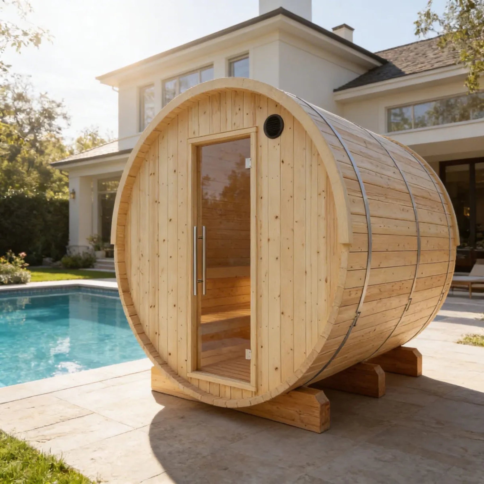 Tampere 4-person outdoor barrel sauna by Finnish Sauna Builders - front exterior view