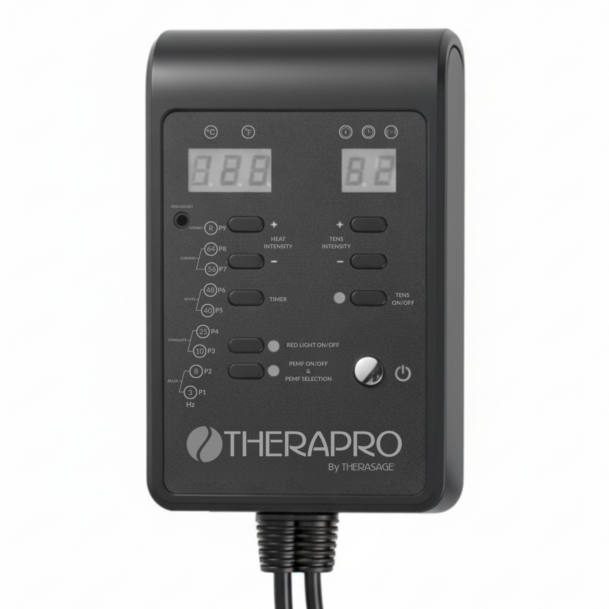 PEMF infrared red light therapy recovery pad control unit with digital display and various settings.