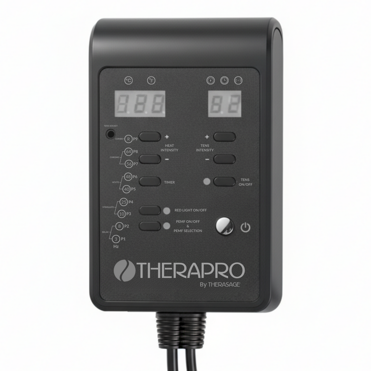 TheraPro red light therapy pad controller with displays and buttons for settings like heat and TENS intensity.