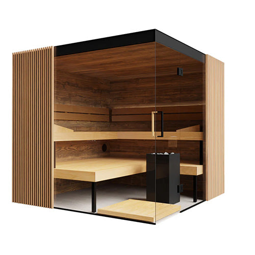 ThermaSol-Aalto Wooden sauna with glass walls on a white background