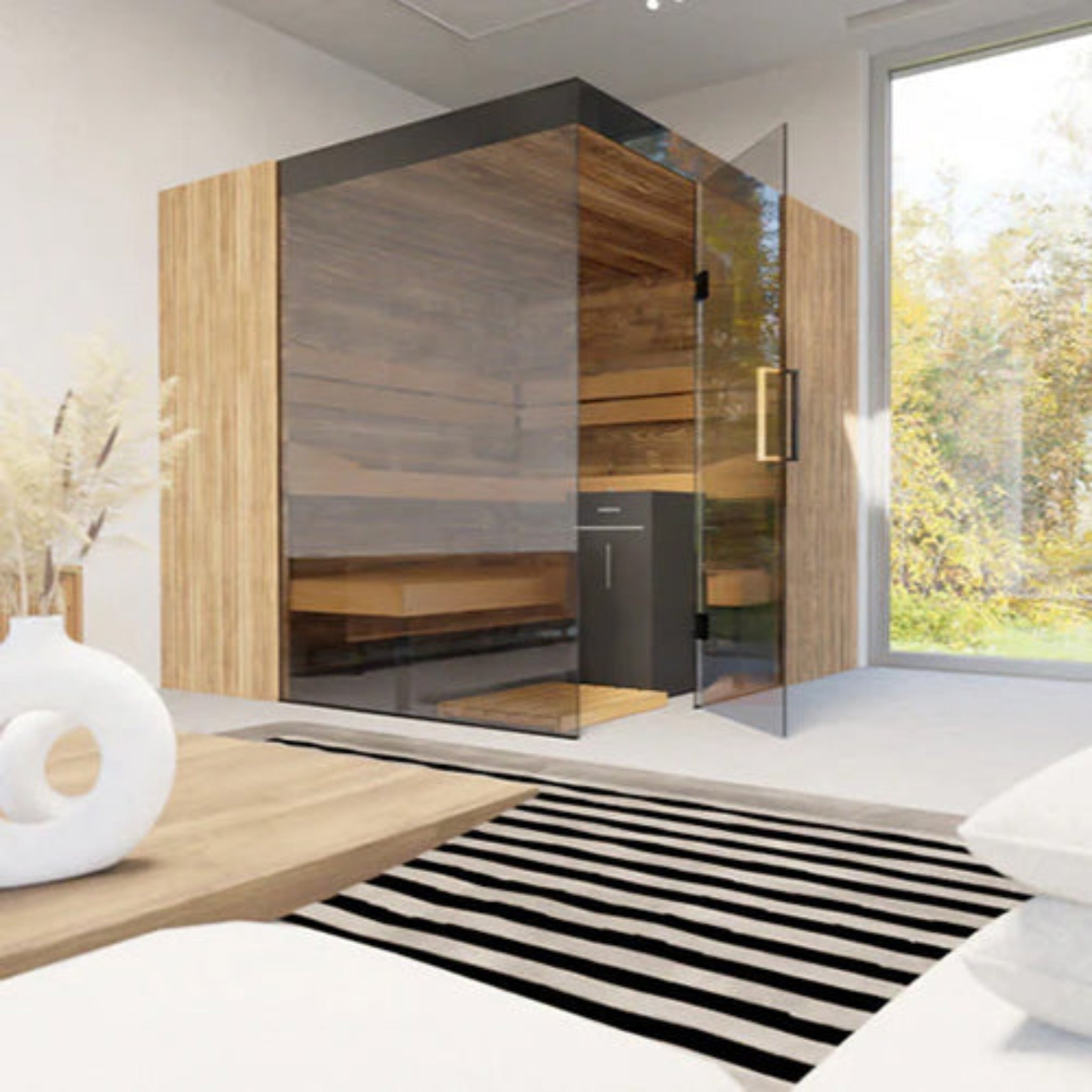 Modern room with a glass-enclosed ThermaSol-Aalto sauna, wooden table, and striped rug.