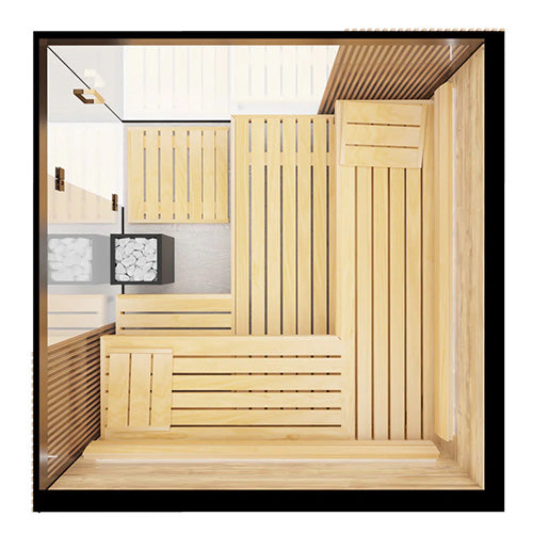 ThermaSol-Aalto Wooden sauna with benches and a mirror on a white background looking downward view