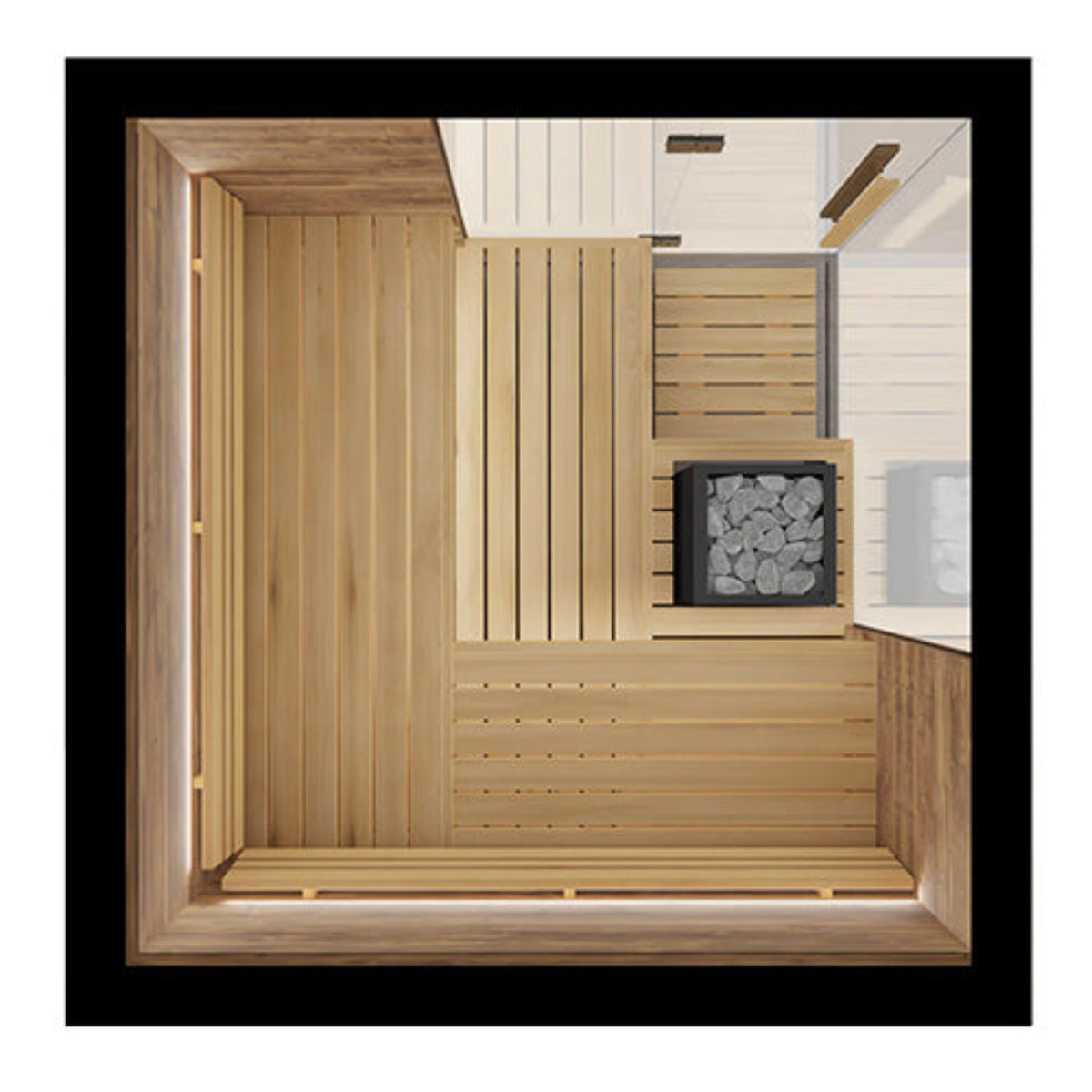 ThermaSols Astra Indoor Sauna interior with a bench and heater, on a white background.