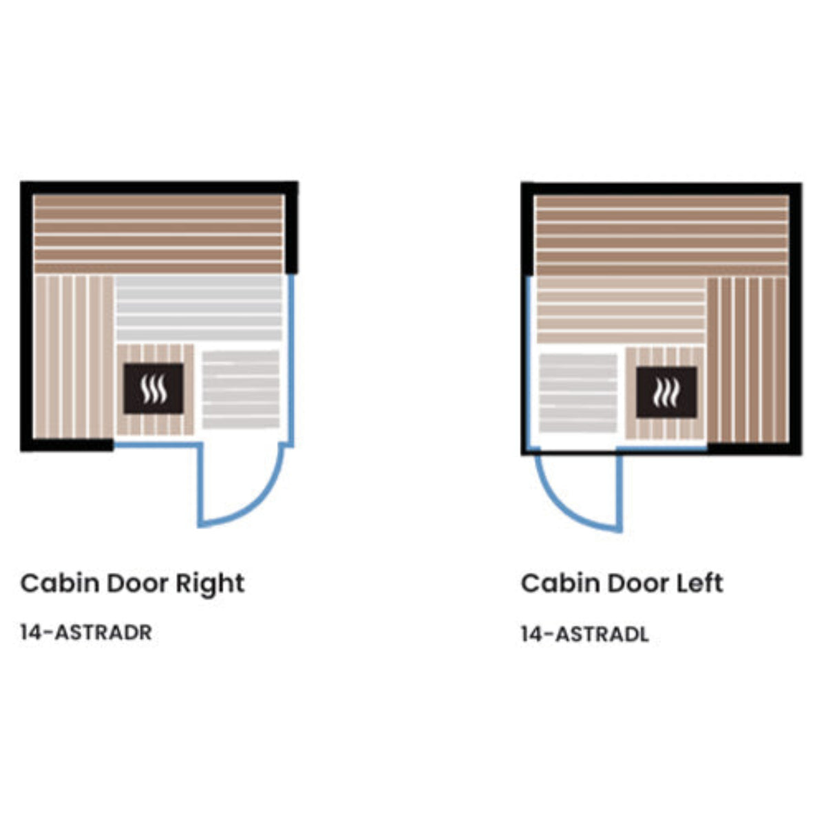 Diagram of ThermaSol Astra Indoor Sauna Cabin doors labeled 'Cabin Door Right' and 'Cabin Door Left' with labels 14-ASTRADR and 14-ASTRADL.