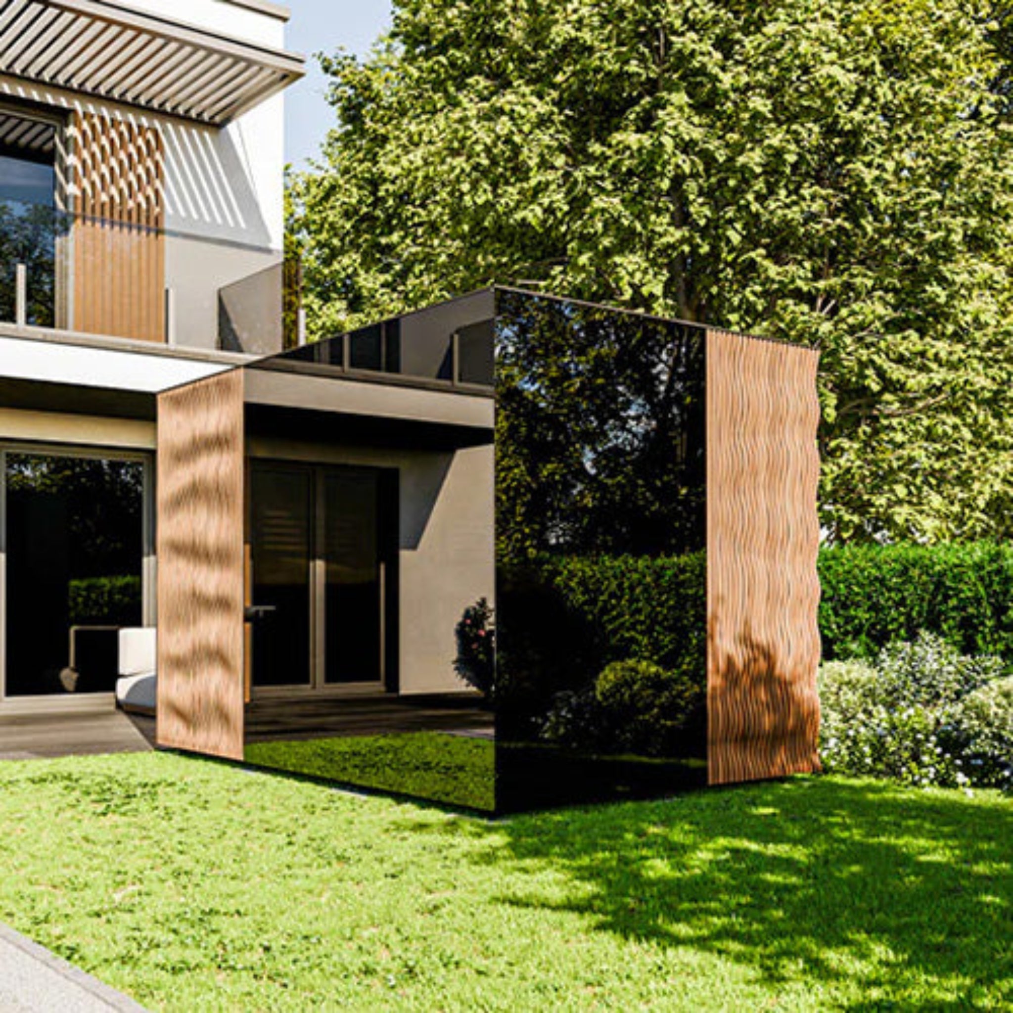 ThermaSol Ombra sauna cabin installed in backyard setting with tinted glass front and Ipe Lapacho exterior
