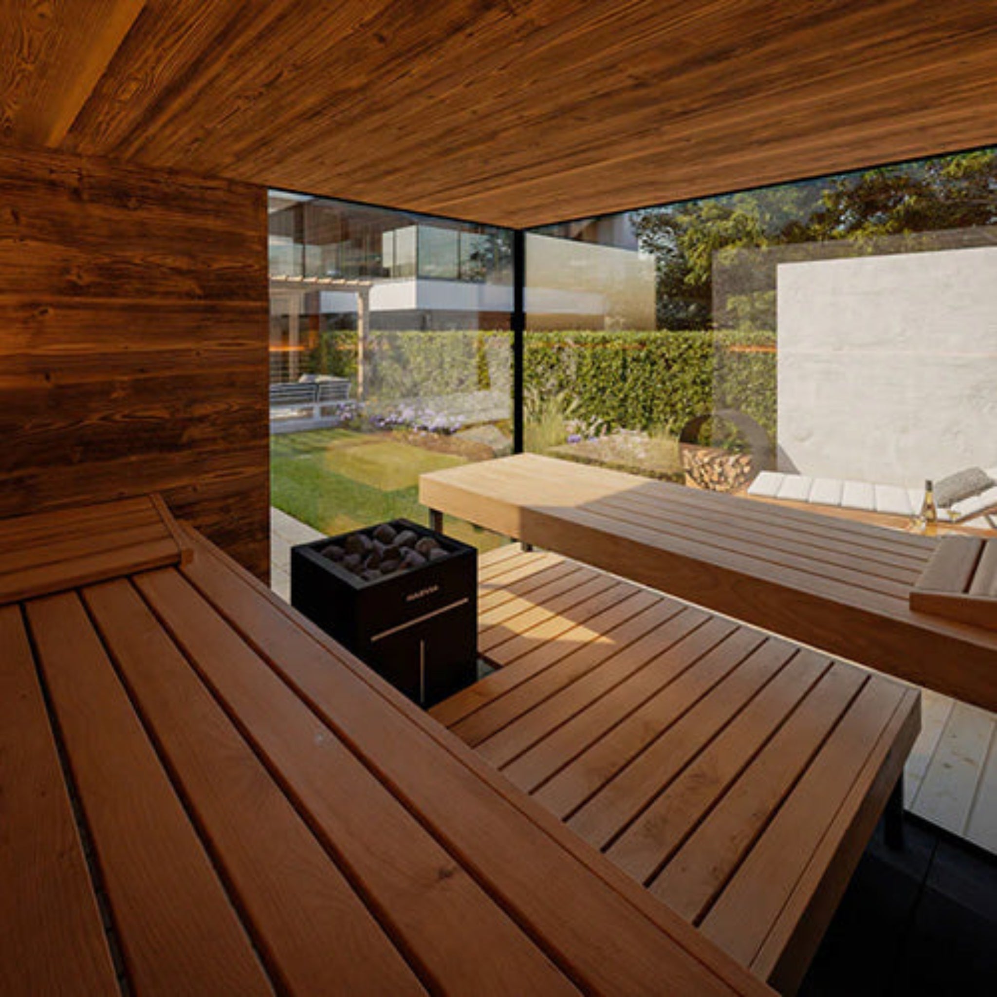 ThermaSol Ombra outdoor sauna cabin side angle showing sloped roof and wave accent wood exterior