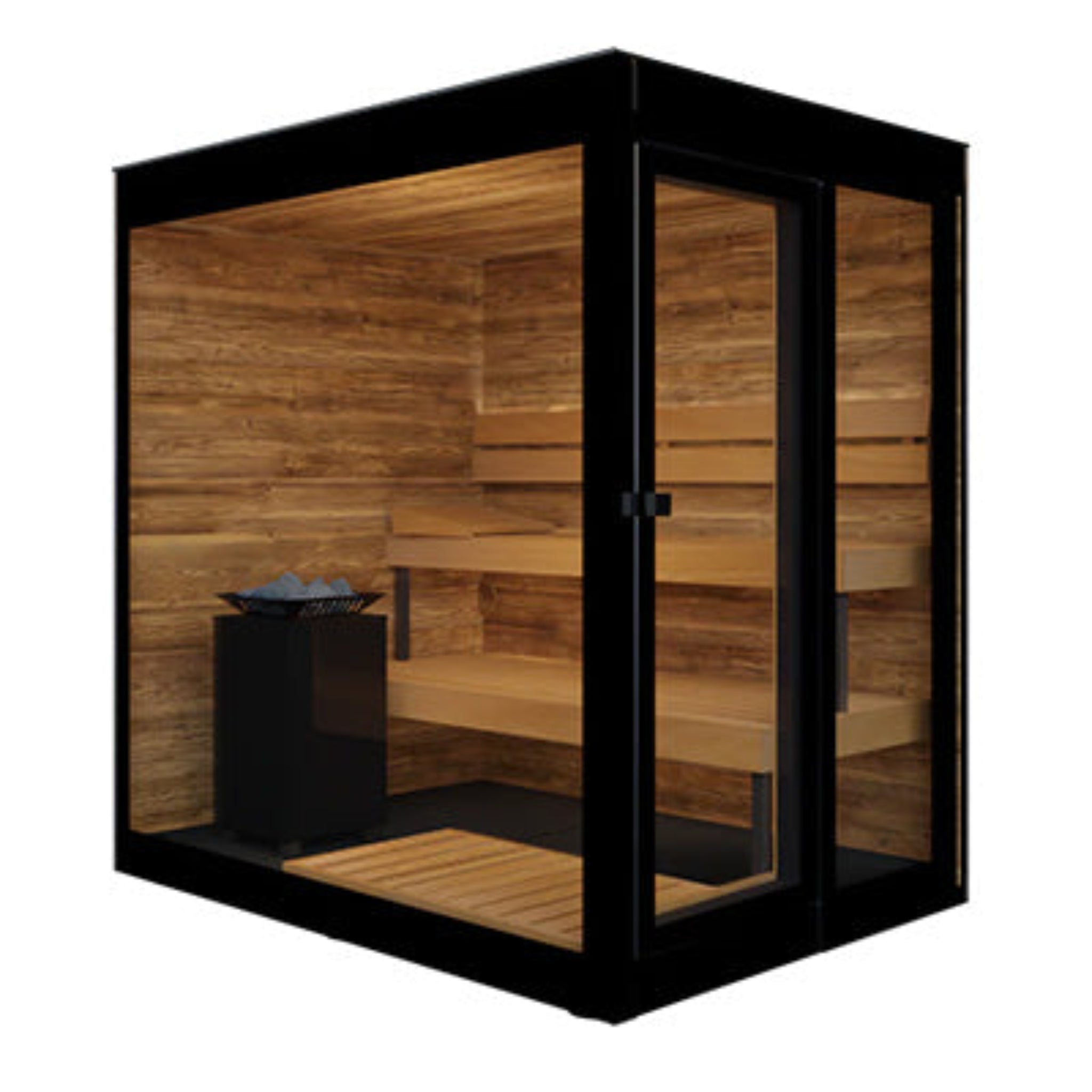 ThermaSol sauna with black frame on a showing the interior bench and heater white background