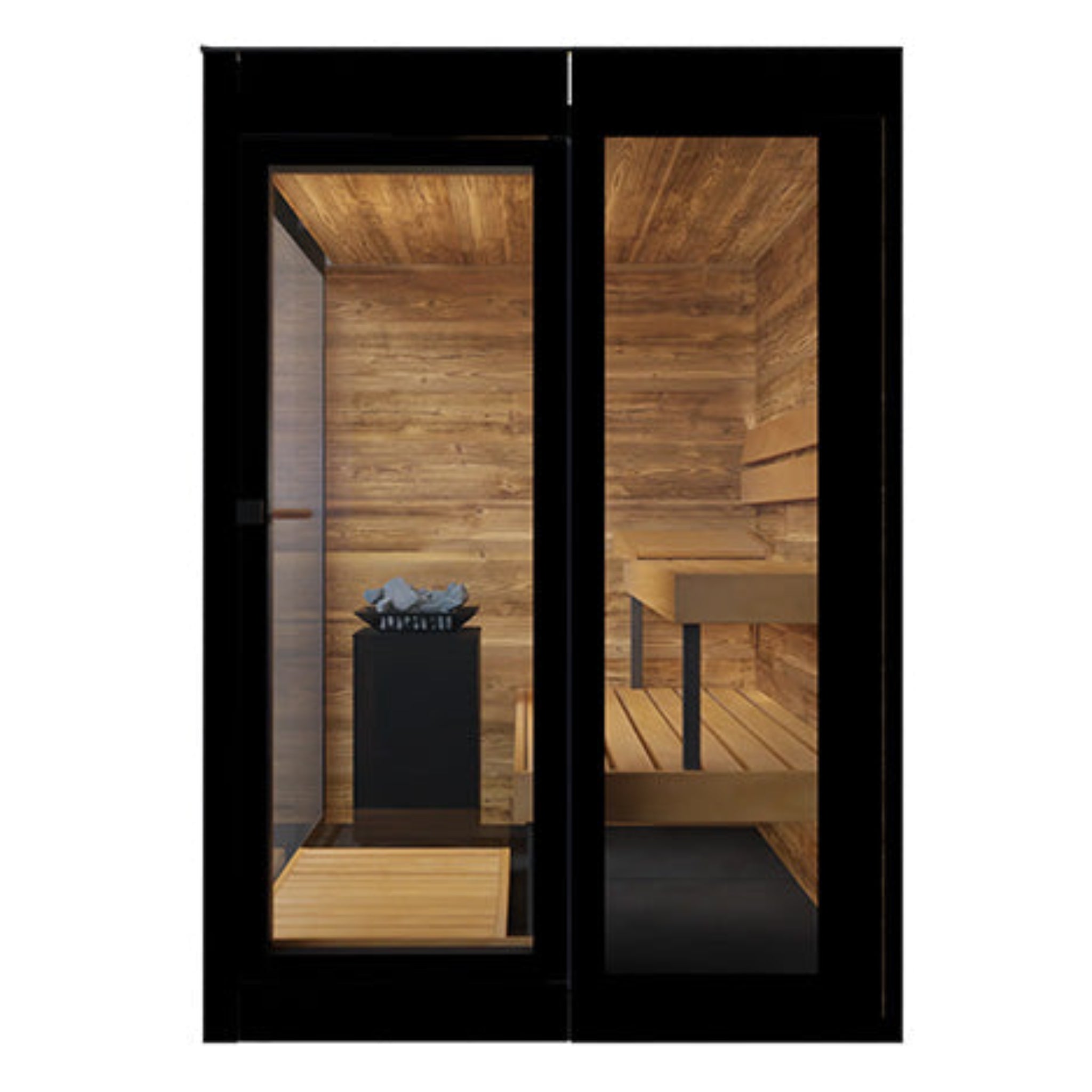 ThermaSol Vera sauna with glass door   showing heater and bench inside white background