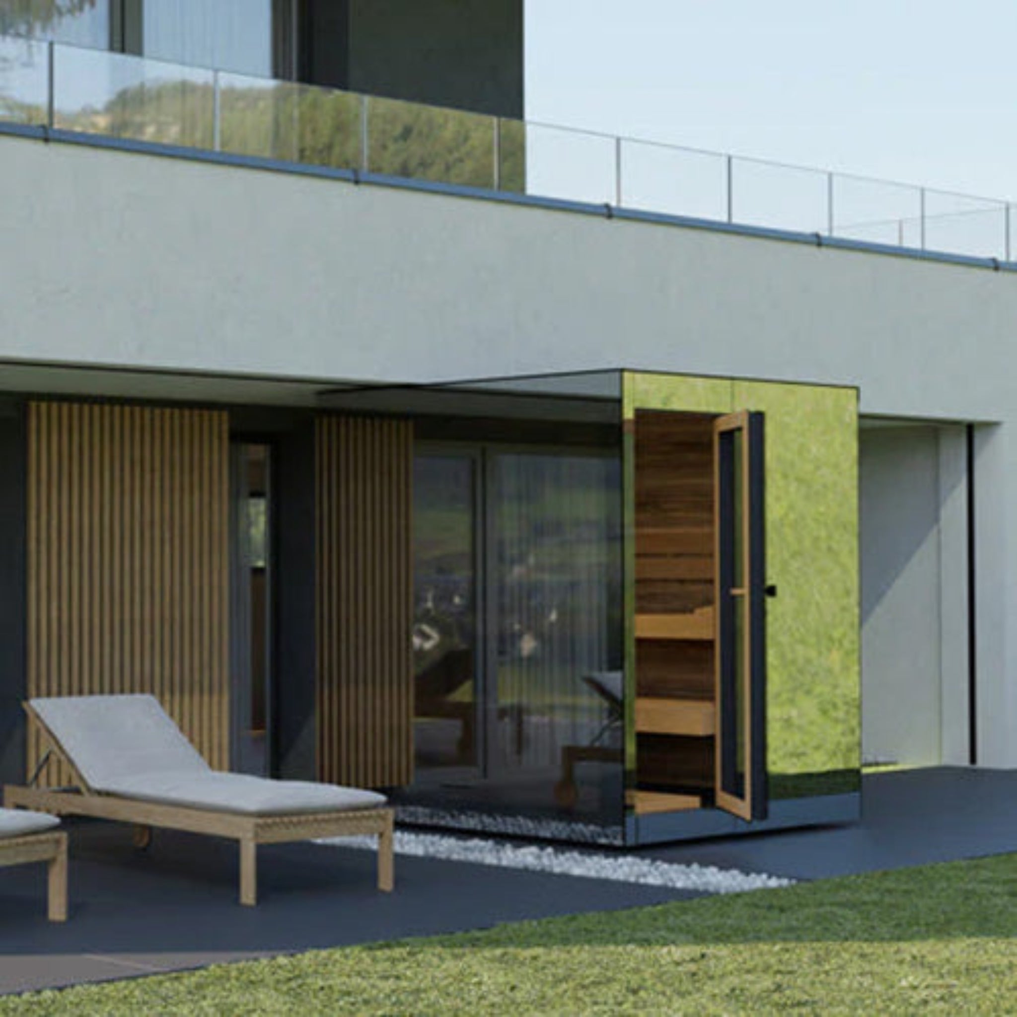 ThermaSol Vue outdoor sauna cabin placed on patio with panoramic glass front and Ipe Lapacho wood exterior