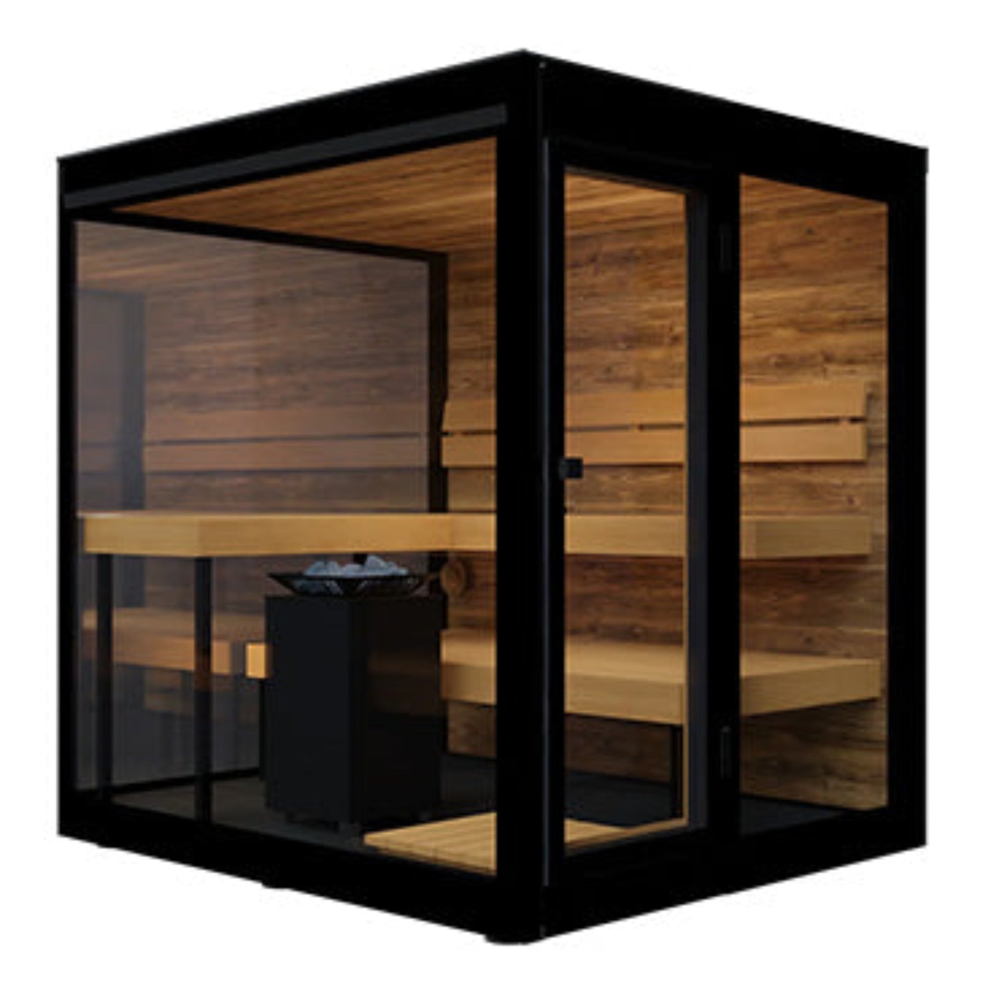 ThermaSol Vue sauna cabin door detail with frameless glass entry and thermally modified wood surround