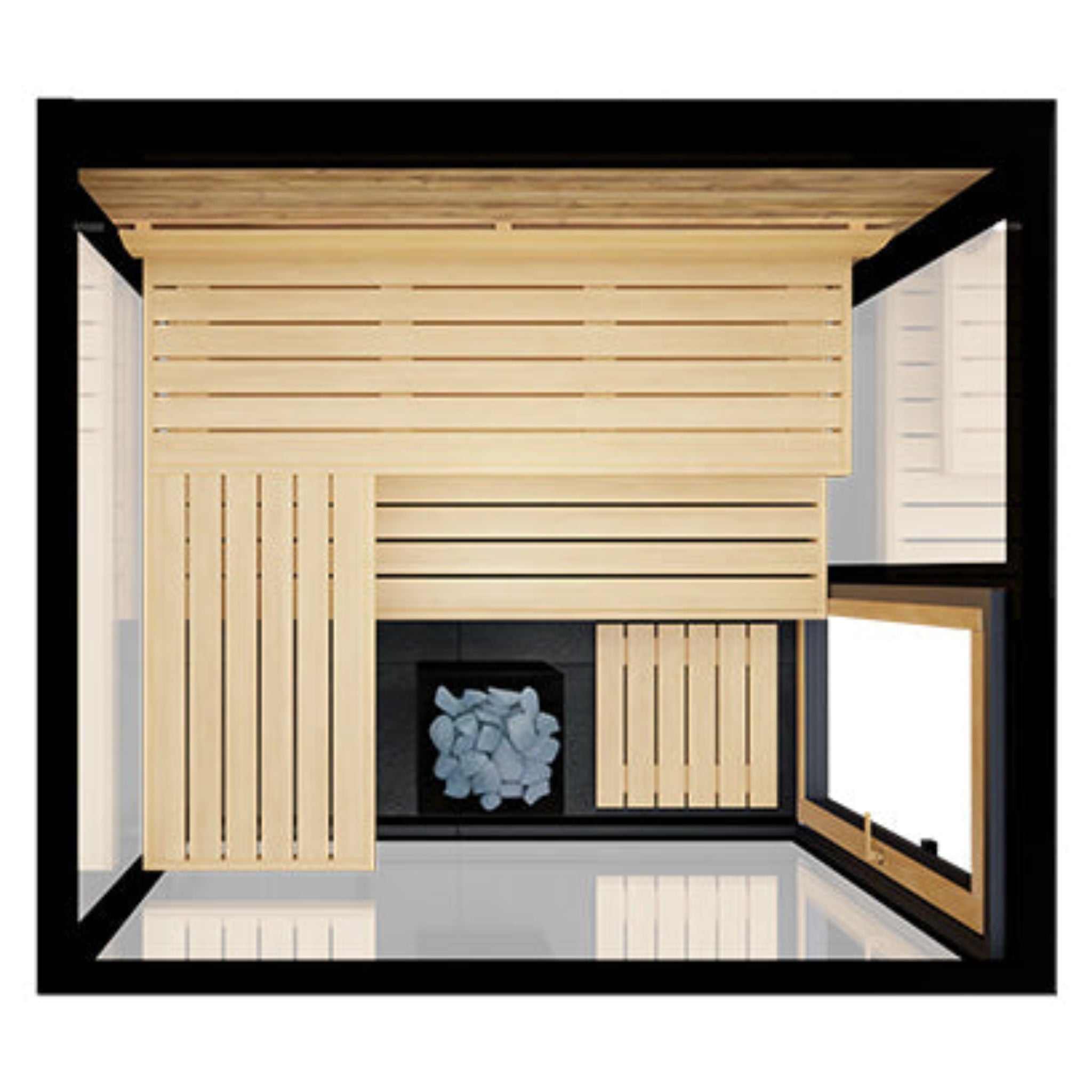 ThermaSol Vue sauna interior with thermo-aspen benches and floor-to-ceiling panoramic glass windows