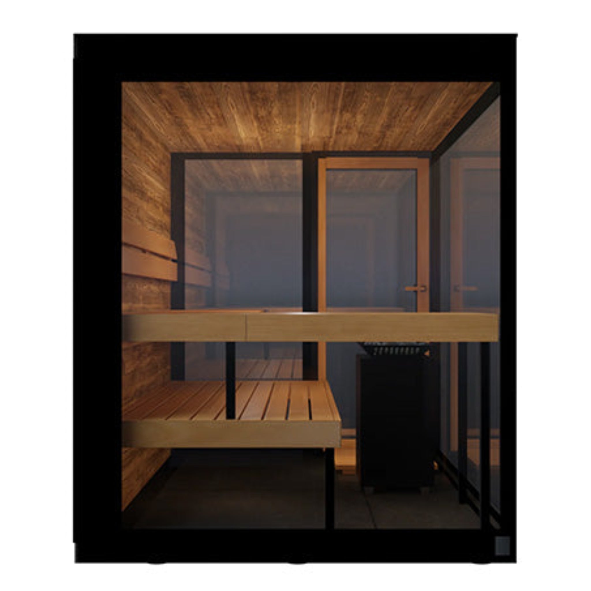ThermaSol Vue sauna cabin interior detail showing wood paneling, bench depth, and glass wall