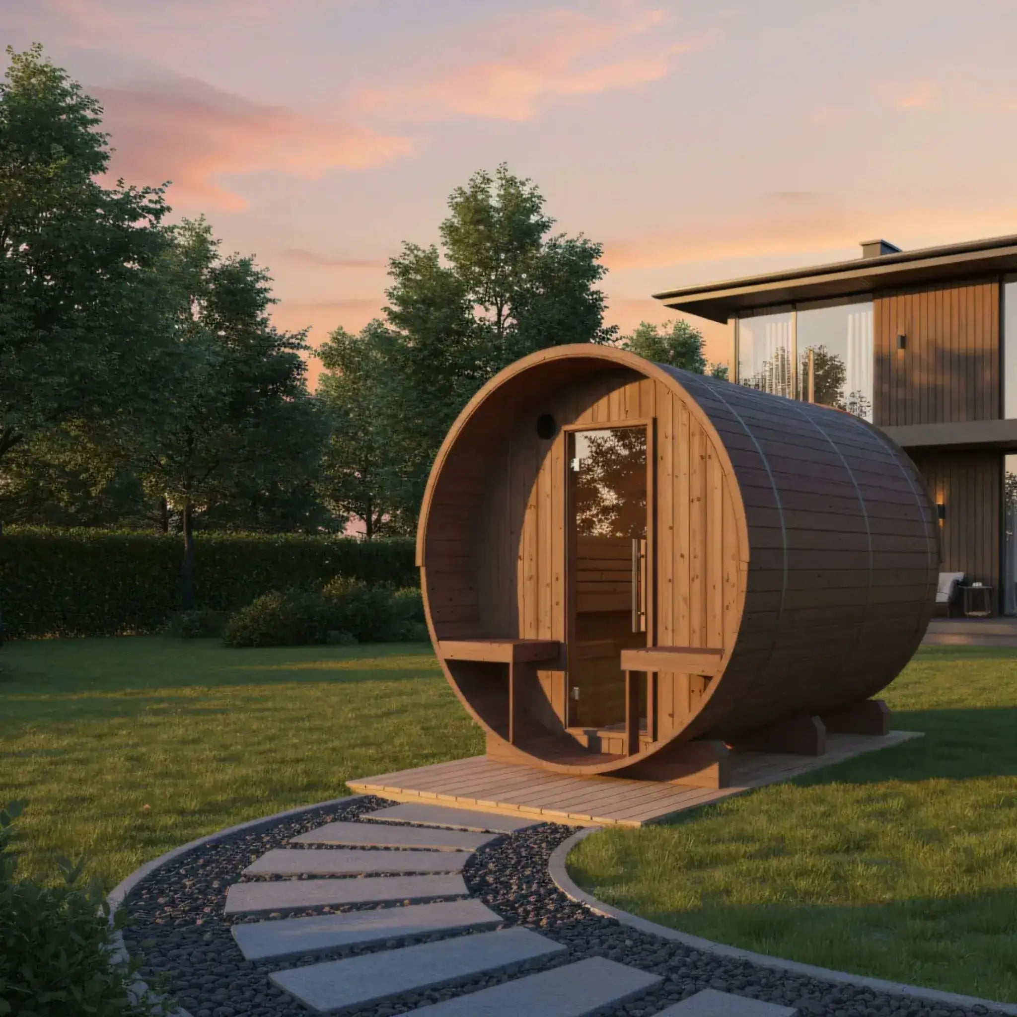 Turku Finnish Barrel Sauna with Terrace and WiFi Heater in back yard setting