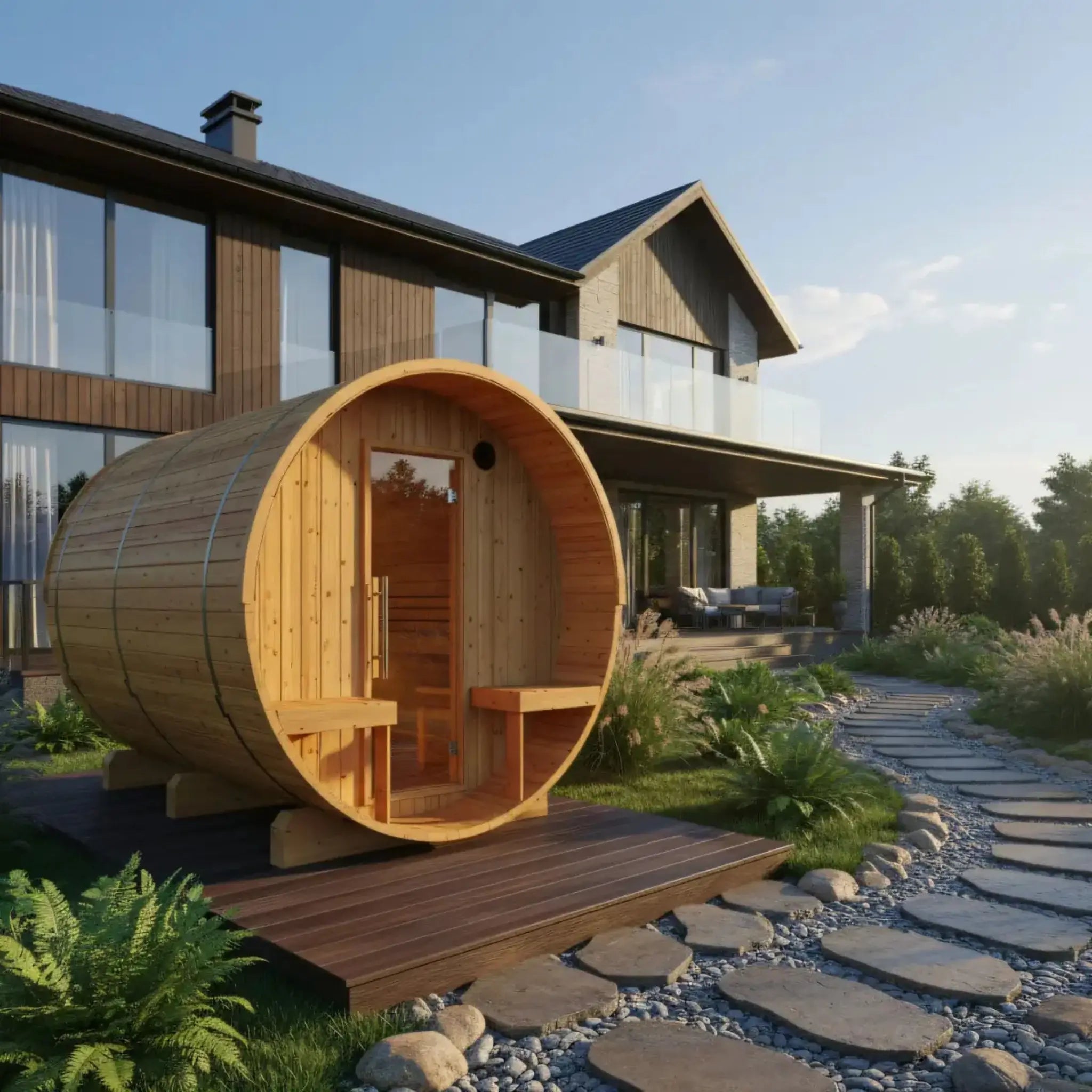 Turku Finnish Barrel Sauna with Terrace and WiFi Heater lifestyle view front angle back yard