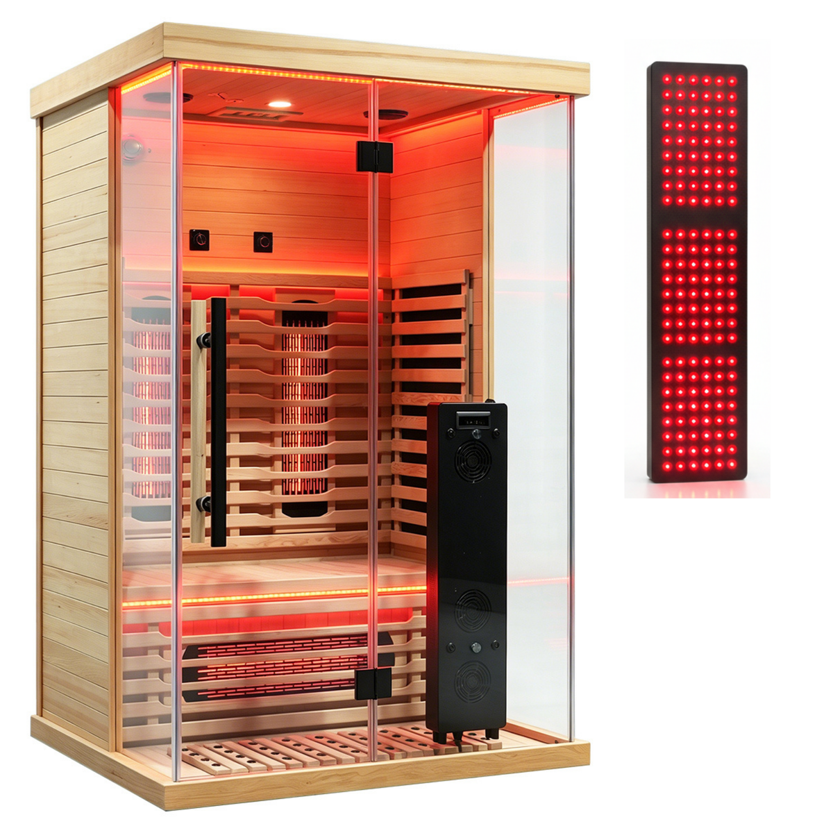 Full spectrum infrared sauna with red light therapy features, showcasing wooden design and advanced heating technology.
