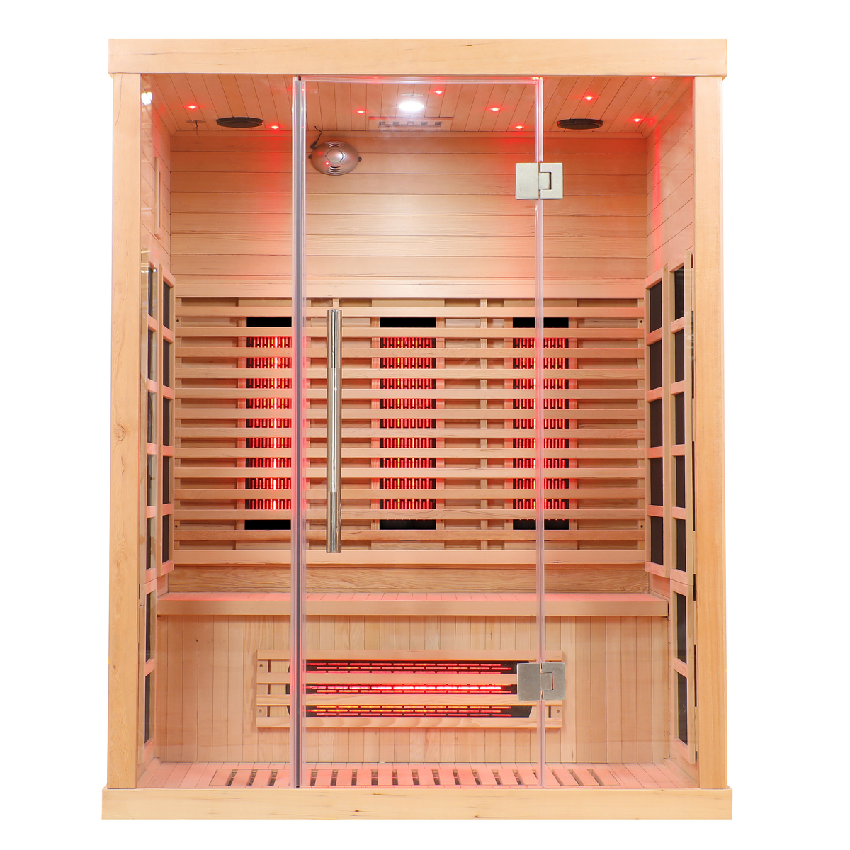 Blisspod Venetian full spectrum infrared sauna featuring a spacious interior for 3, with red LED lighting and wooden finish.