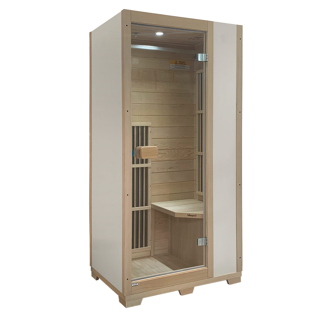 Blisspod Vienna 1-Person Far Infrared Sauna made of Canadian Hemlock with low EMF features.