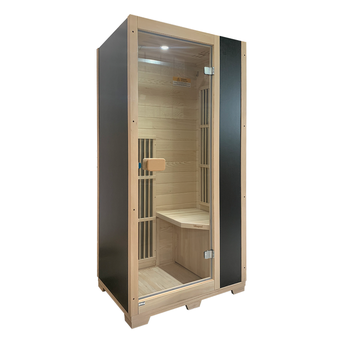 Blisspod Vienna 1-Person Far Infrared Sauna made from Canadian Hemlock with low EMF for personal relaxation.