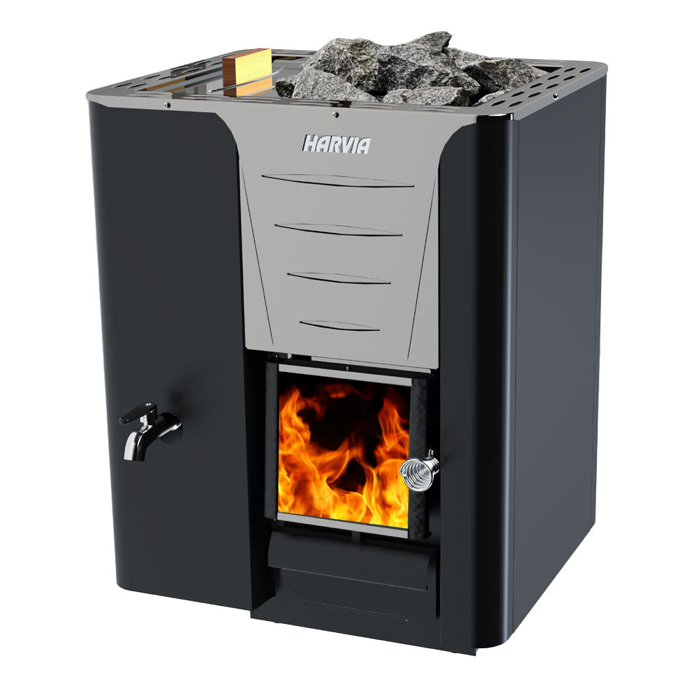 Harvia stove with visible flames on a white background