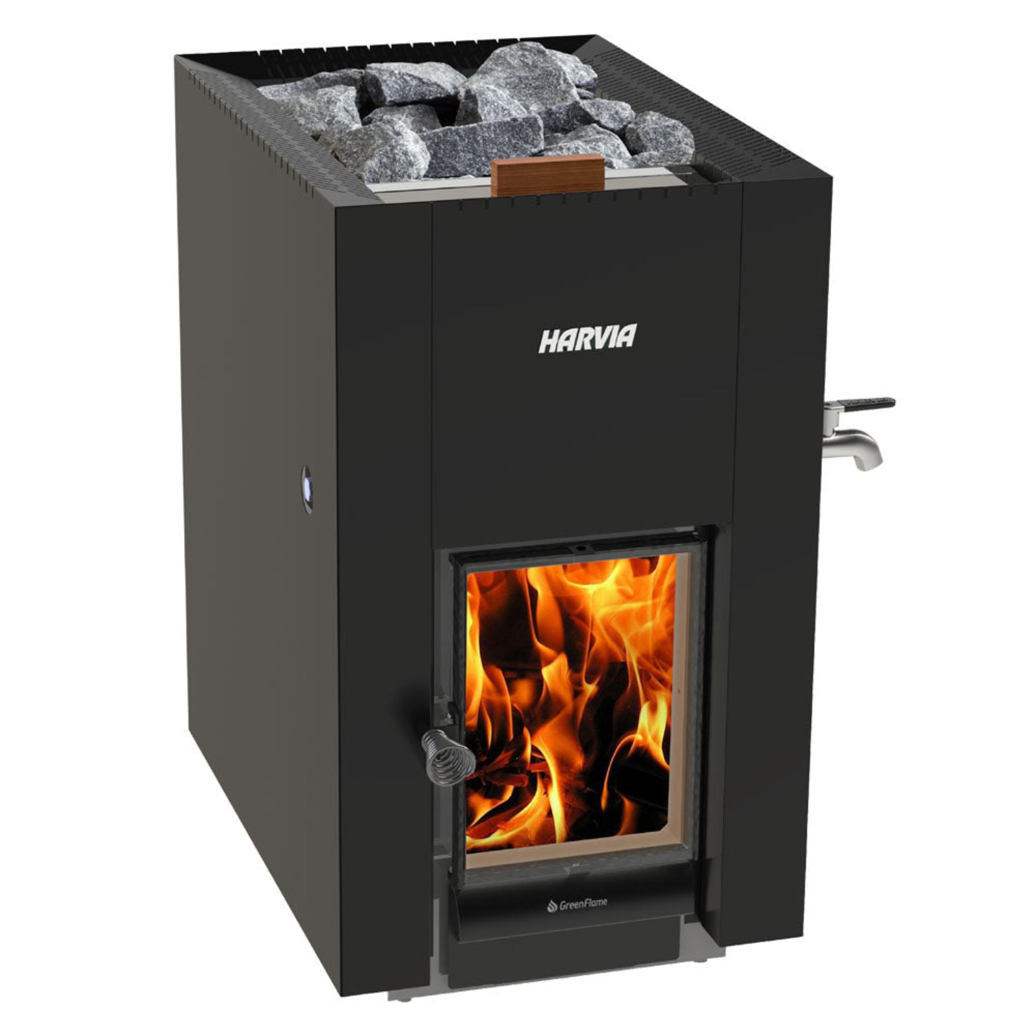 Harvia GreenFlame 15.7kW wood-burning sauna stove with water tank — front view showing stainless steel body and stone basket