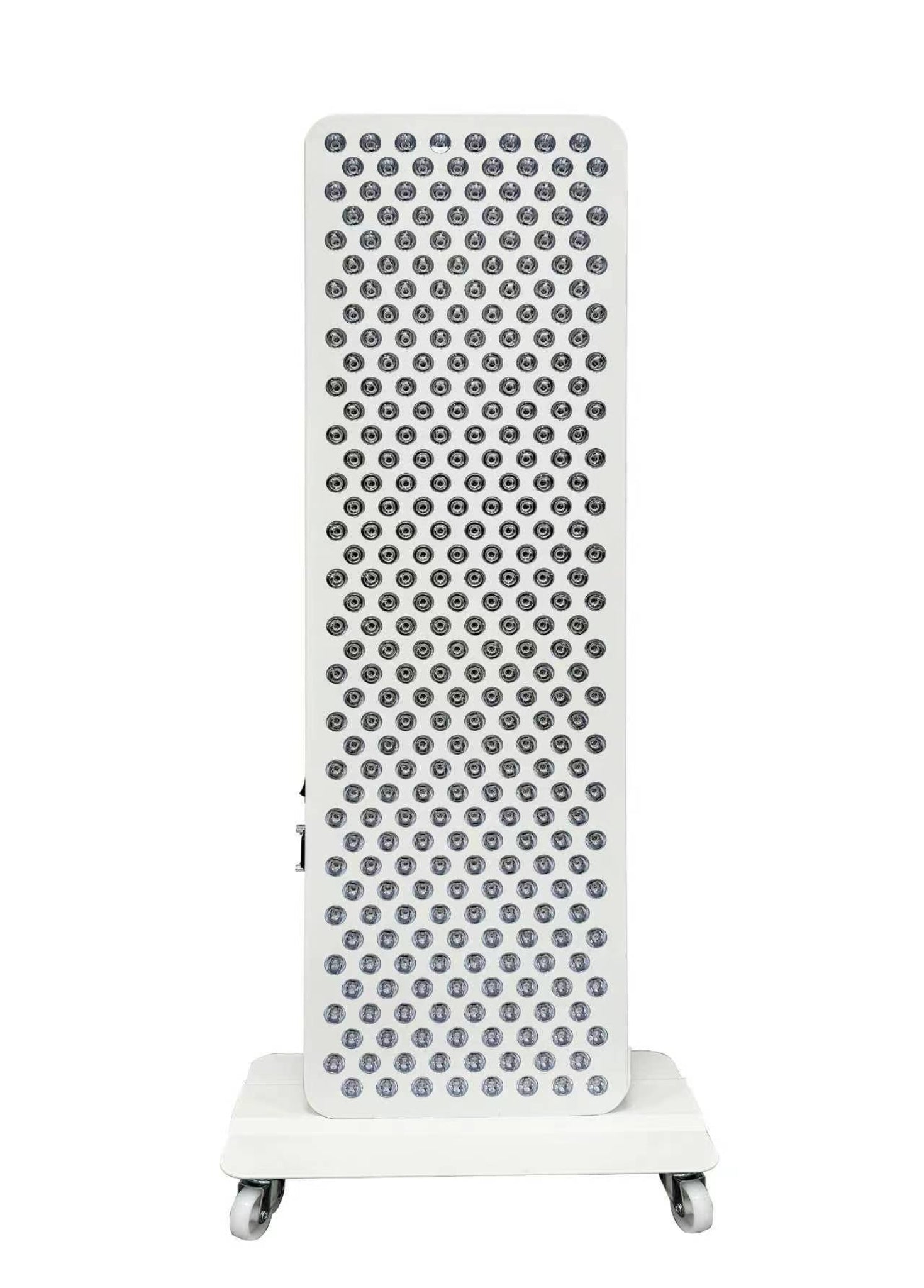 White red light therapy device with black circular patterns on a white background
